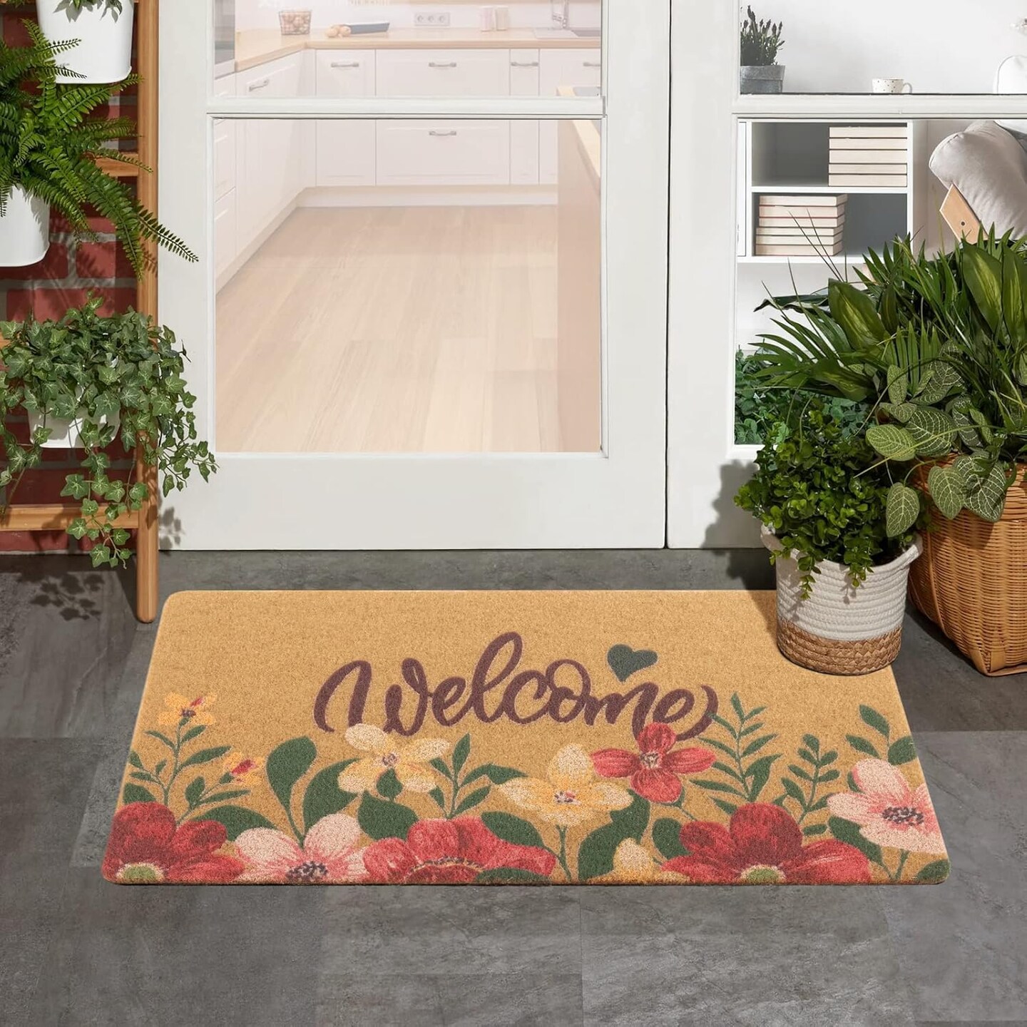 Artificial Coir Doormat with Non-Slip Backing for Indoor and Outdoor 17 x 30 inch Front Door Welcome Mat Spring Summer Seasonal Doormat,Welcome Flowers