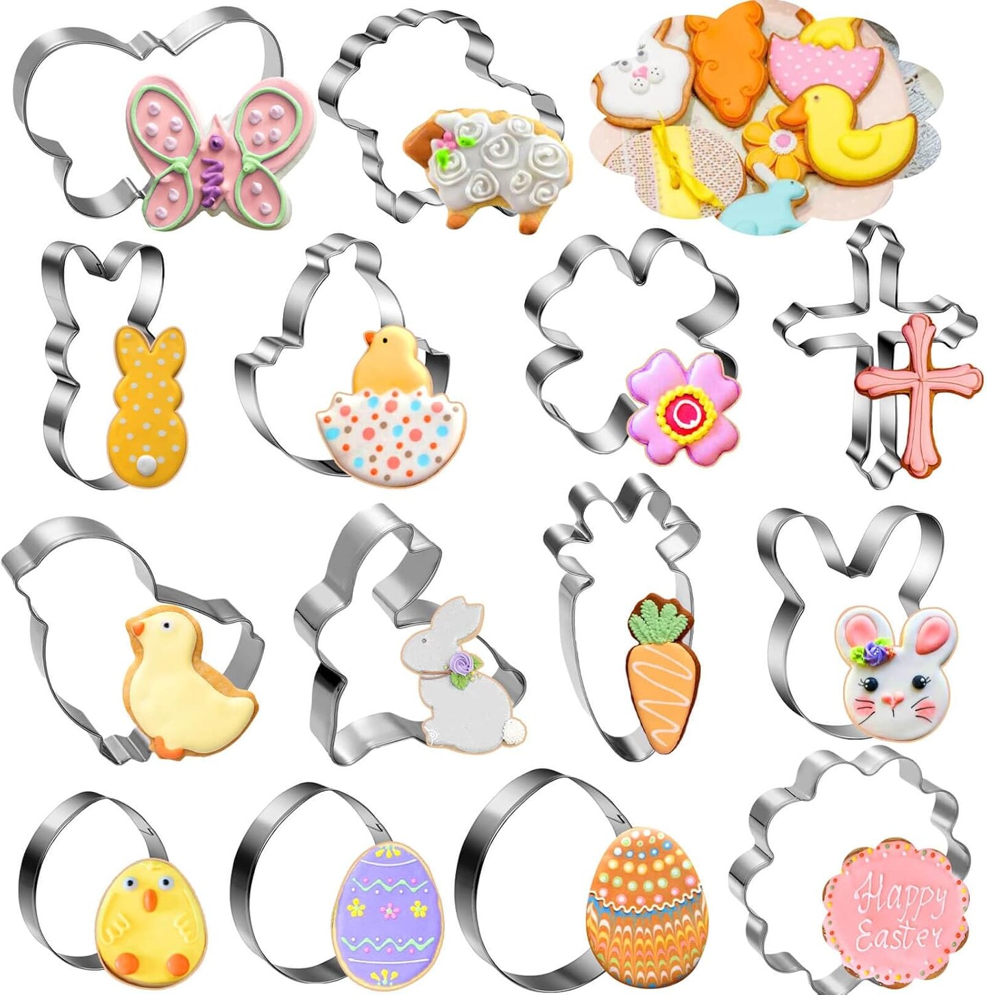 Easter Cookie Cutters Set, 14 Shapes Cookie Cutters for Easter, Stain Steel Egg Cookie Cutter with Bunny Carrot Rabbit Butterfly Egg Sheep Chick Flowers Crosses Shape Cookie Cutter