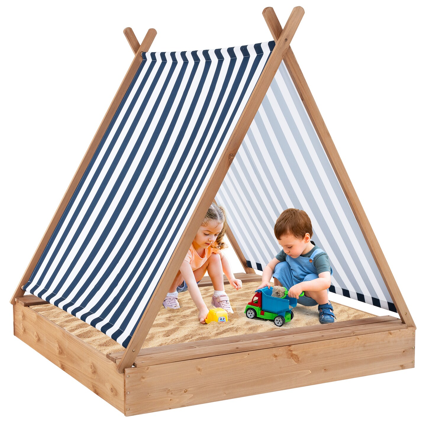 Wooden Sandbox with Canopy &#x26; Built-in Benches 49x48