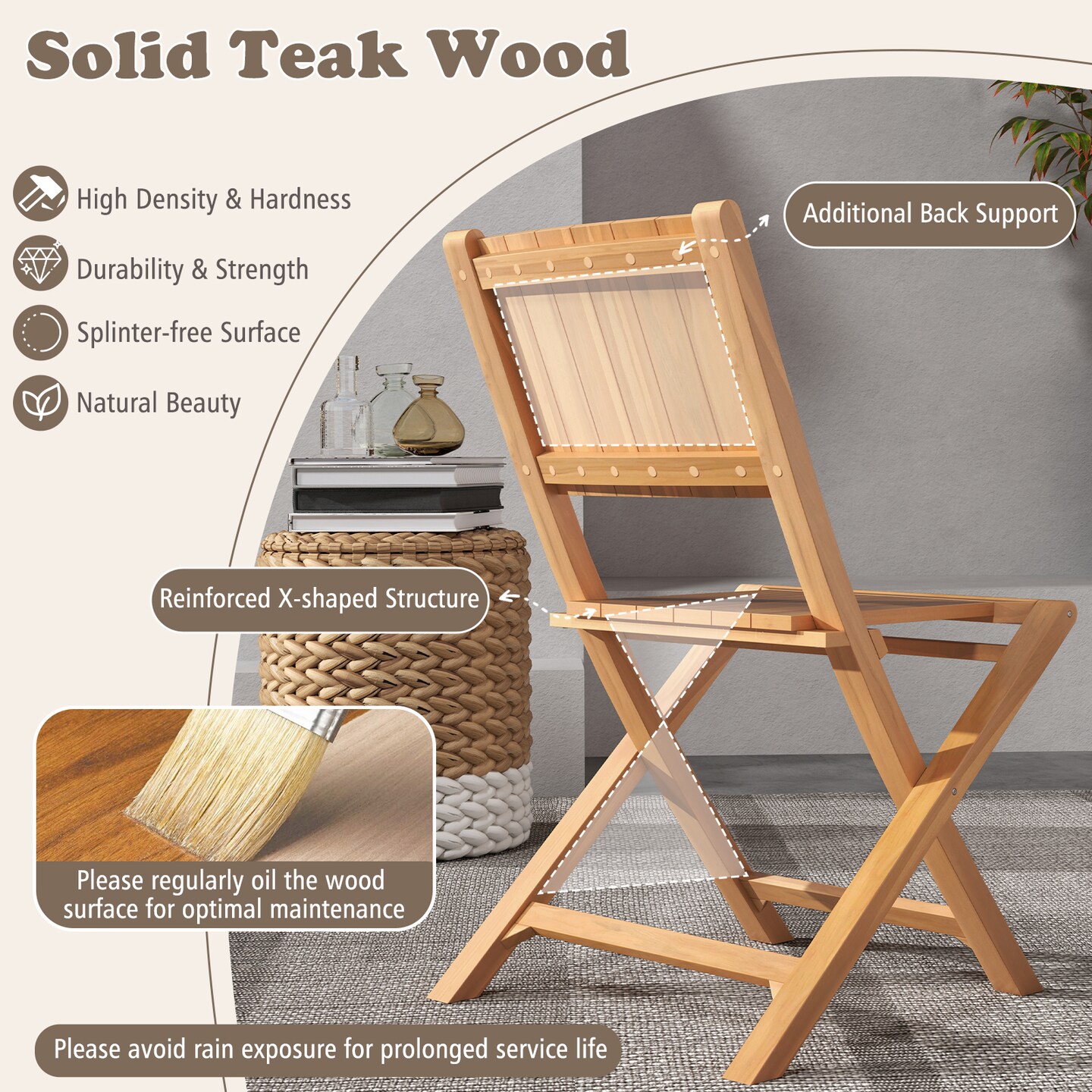 Natural 2 Pieces Folding Patio Chairs with Inclined Backrest Ideal for Outdoor Use