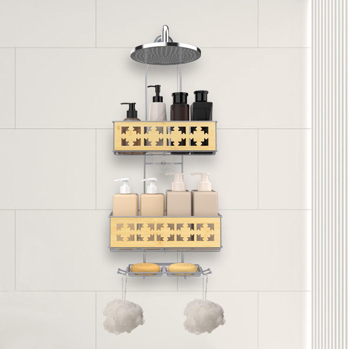 3-Tier Hanging Shower Caddy Over Shower Head – Rustproof Bathroom Organizer with Soap Holder, Bamboo Board & Hooks, No-Drill Installation (28.7"H, 40 lb Capacity)