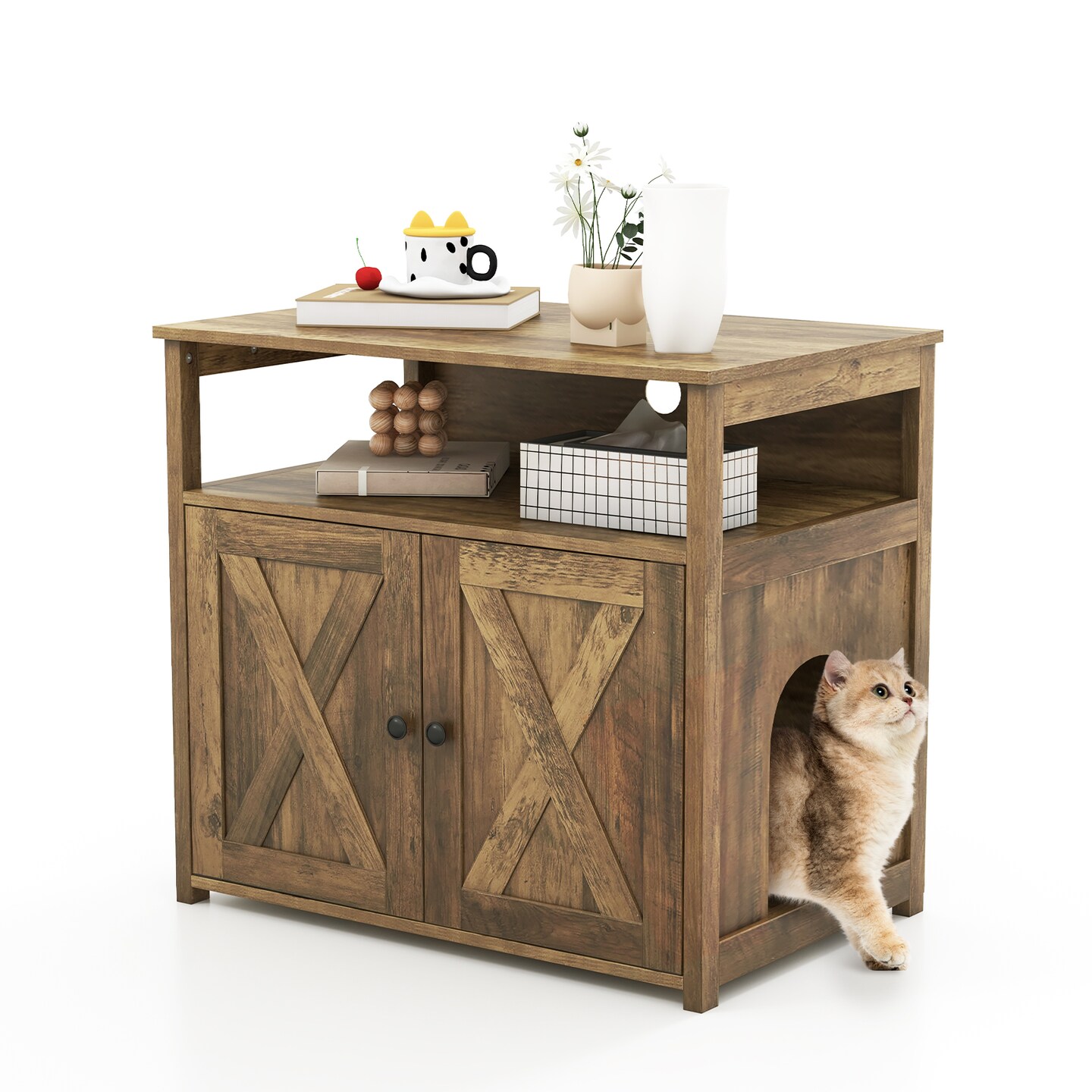 Cat Litter Box Enclosure with Double Barn Doors and Storage Shelf Ideal for Indoor Pet Use