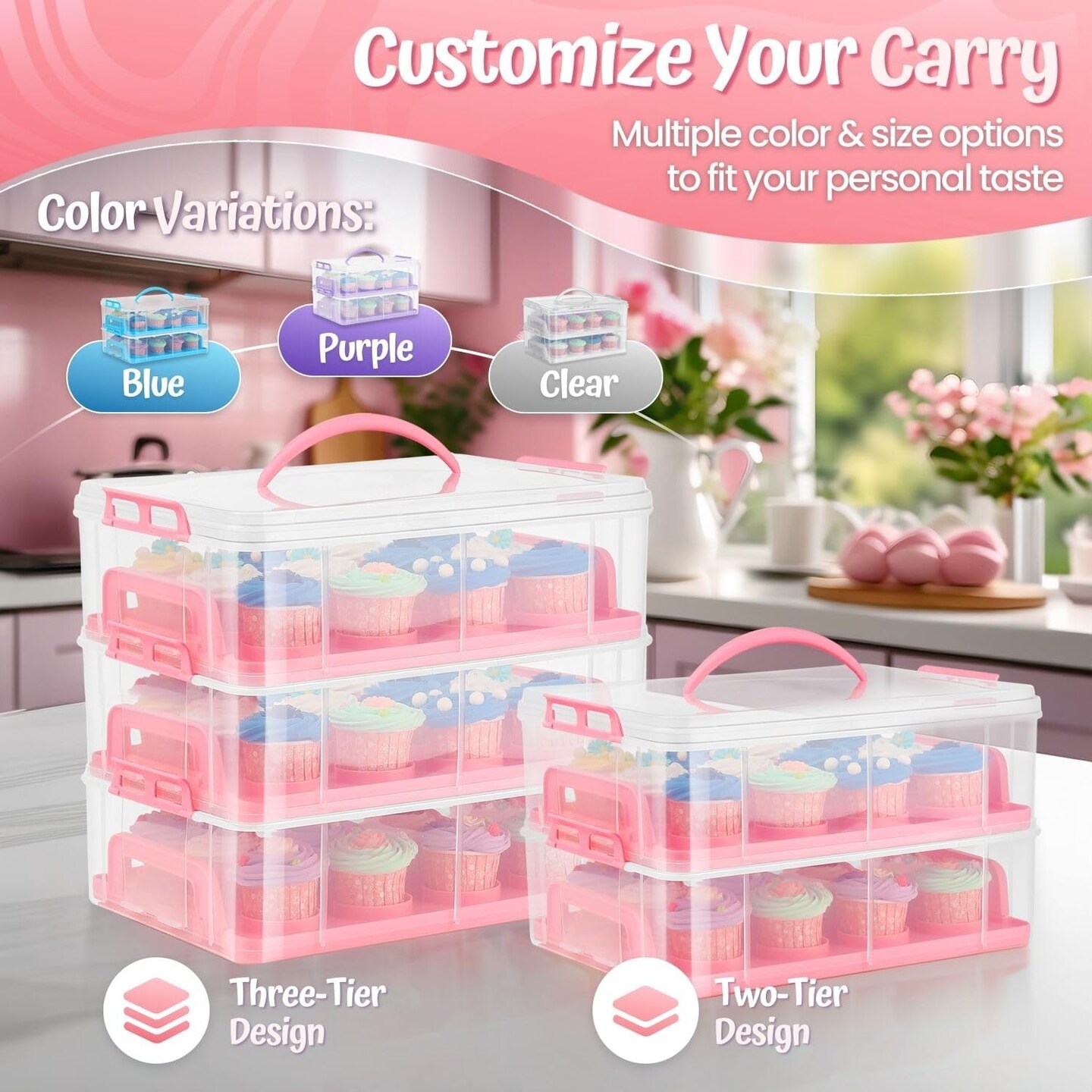 Cupcake Carrier, Cupcake Holder for 24 Cupcakes, Portable and Reusable Rectangular Cake Carrier with Lid and Handle, 2 Tier Stackable Layer Insert (Pink)