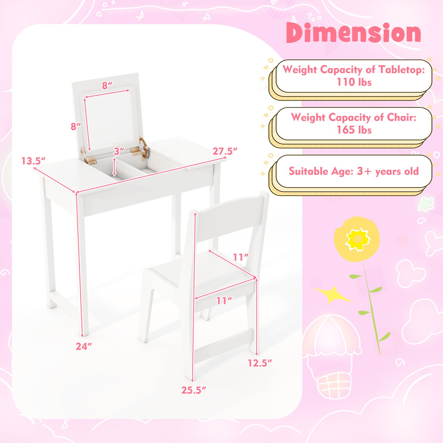 MDF Vanity Table and Chair Set with Acrylic Mirror and Storage