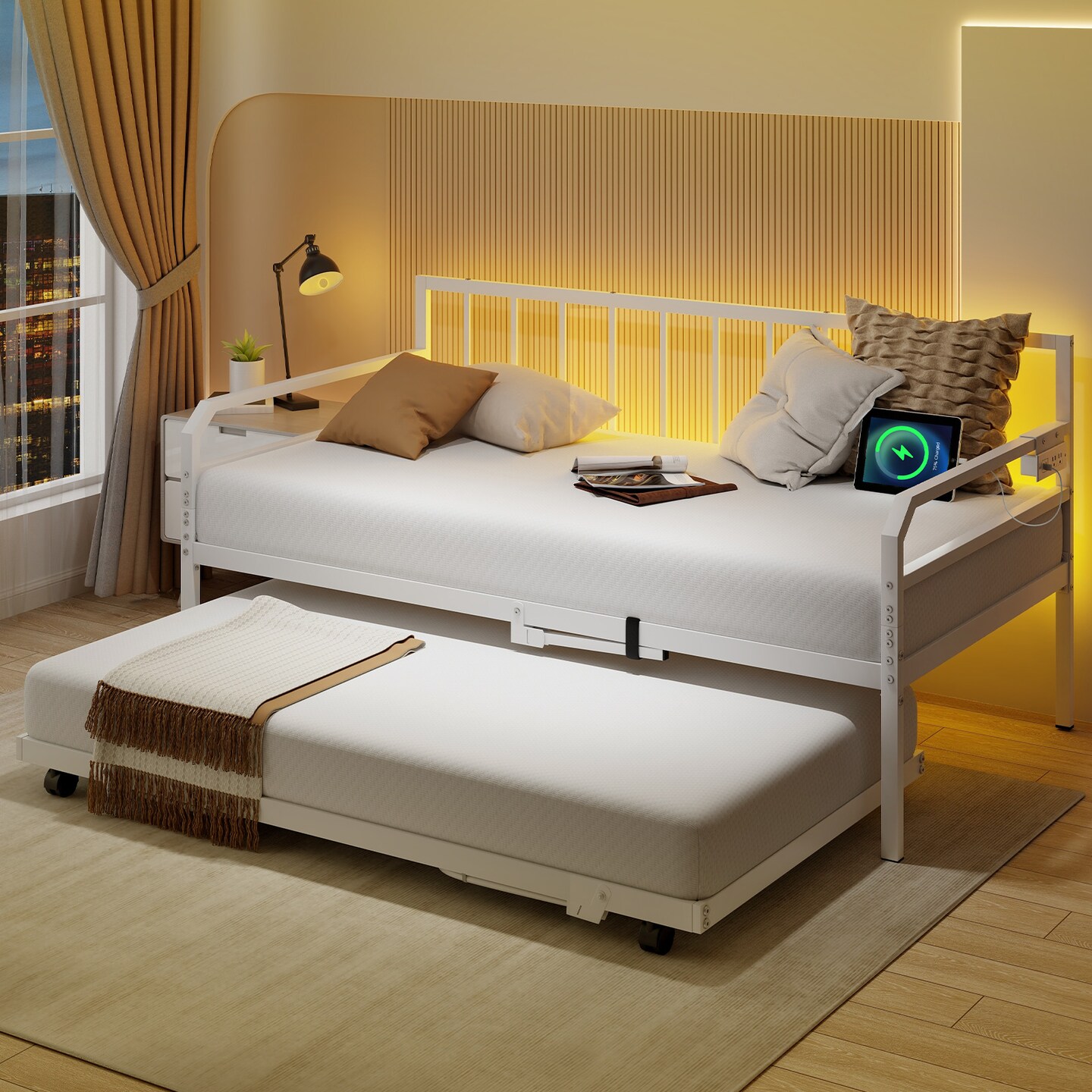 Adjustable Twin Daybed with Pop-Up Trundle, LED Lights and Power Strip