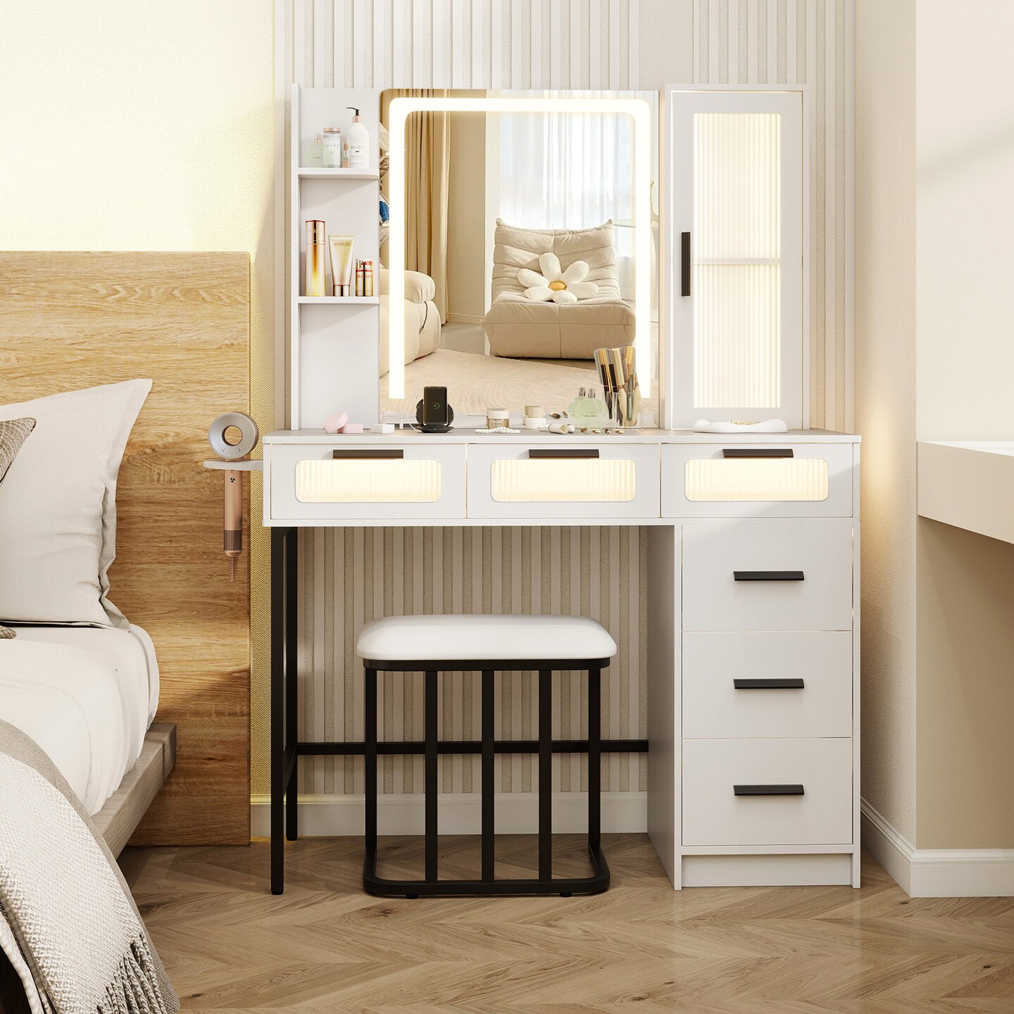 White Vanity Set with LED Sliding Mirror, Charging, & Large Storage