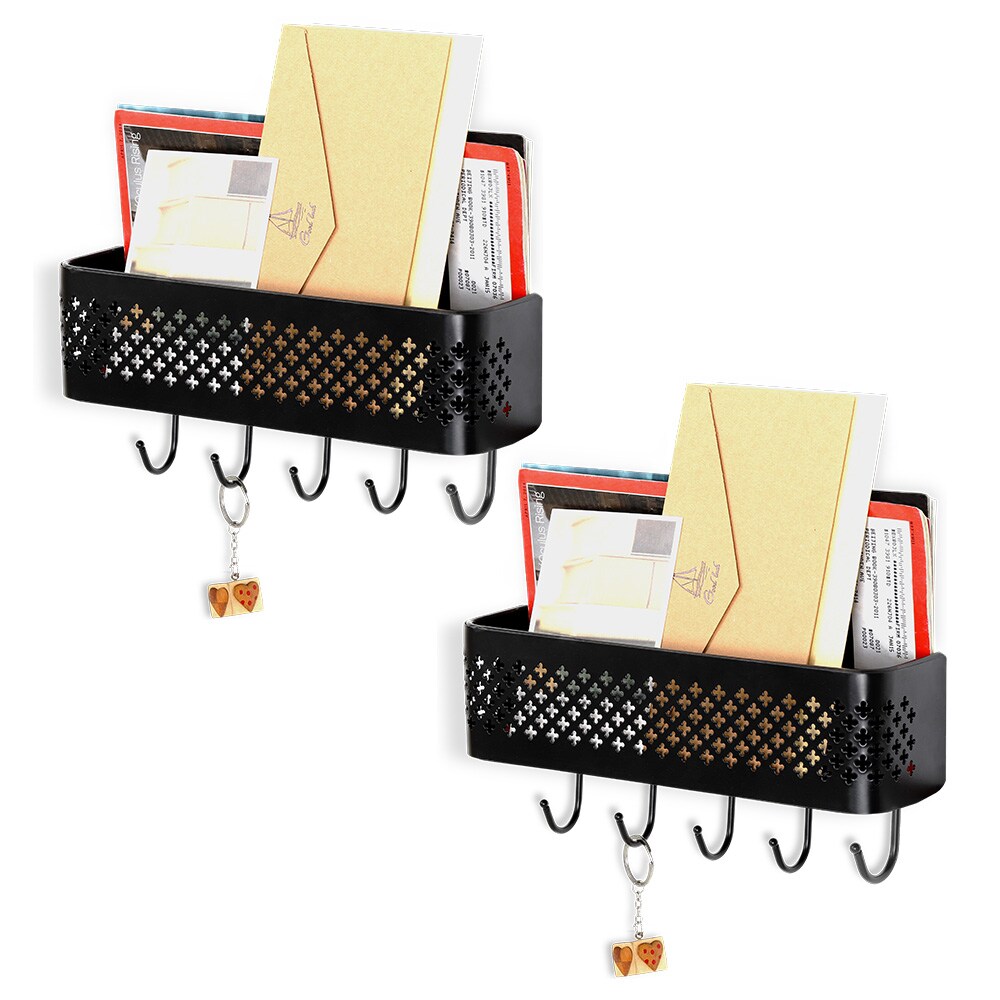 Set of 2 Wall-Mounted Entryway Organizers &#x2013; Rust-Resistant Steel Key Hooks &#x26; Storage Shelf with 5 Hooks, Compact 11&#x22;x3&#x22;x3&#x22; Design for Mail, Keys, Essentials