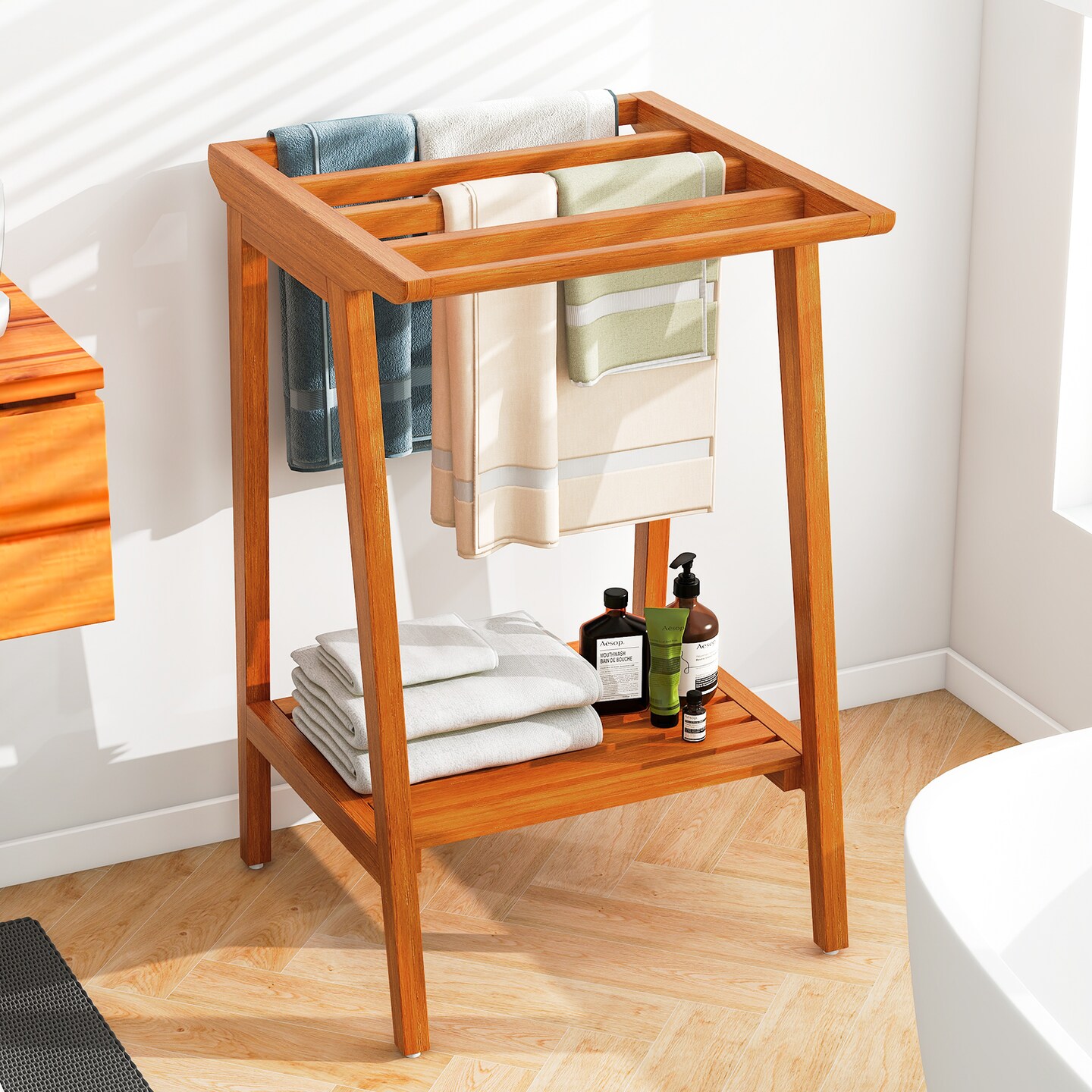 Solid Teak Wood Freestanding Towel Rack with Shelf – 5 Bars, 31.5” H