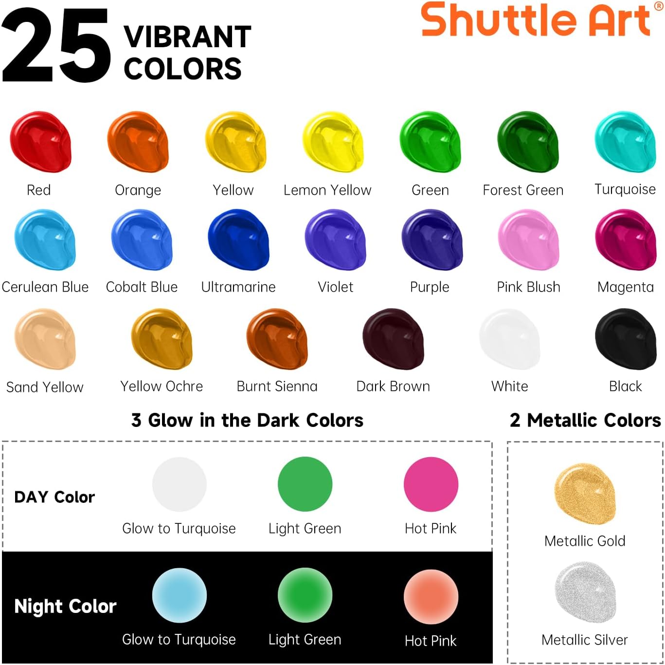 25 Colors Outdoor Acrylic Paint Set, 2oz/60ml Waterproof Acrylic Paint with 10 Brushes 1 Palette, Rich Pigmented Paints for Artists, Beginners on Rocks, Wood Crafts, Garden Statues