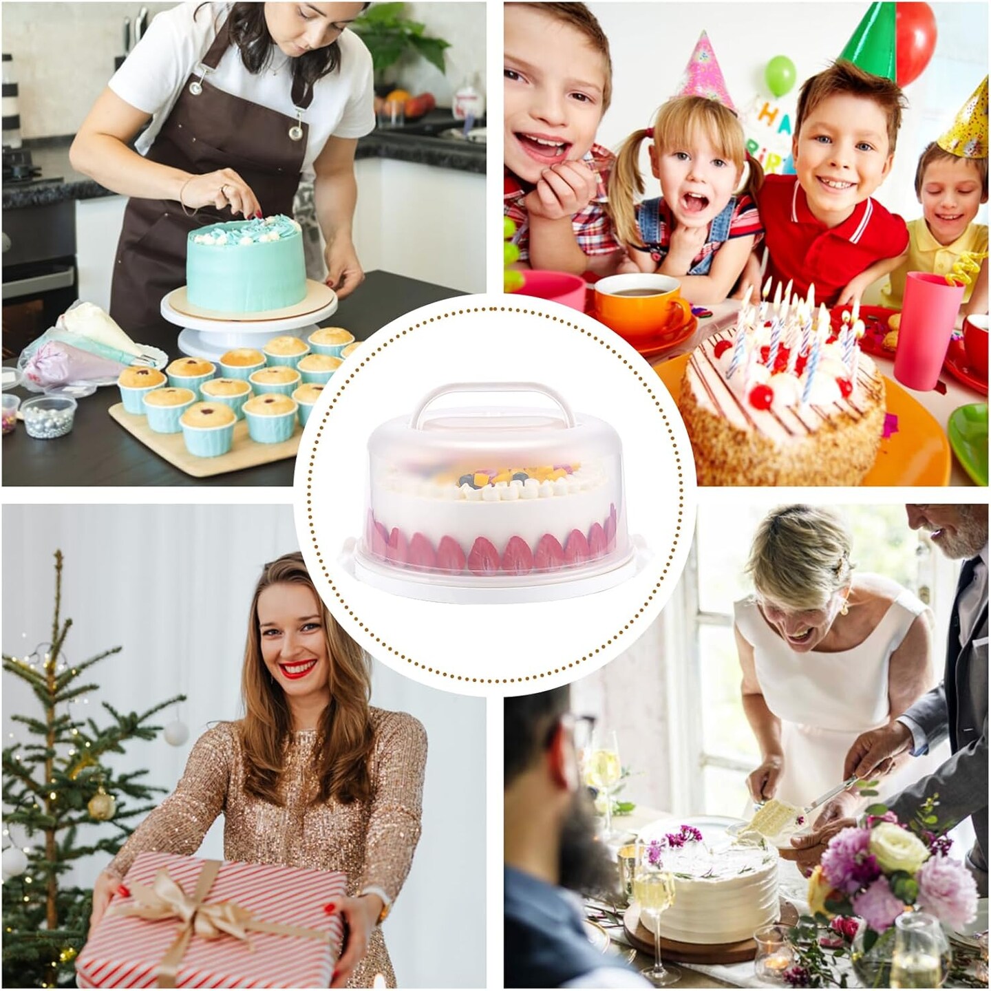 Cake Carrier with Lid and Handle, Multipurpose Cake Stand Fits 10 inch Cake, Cupcake Containers for 11 Cupcakes&#xFF0C;Cake Holder Serves as Five Section Serving Tray, Portable Cake Carriers, White