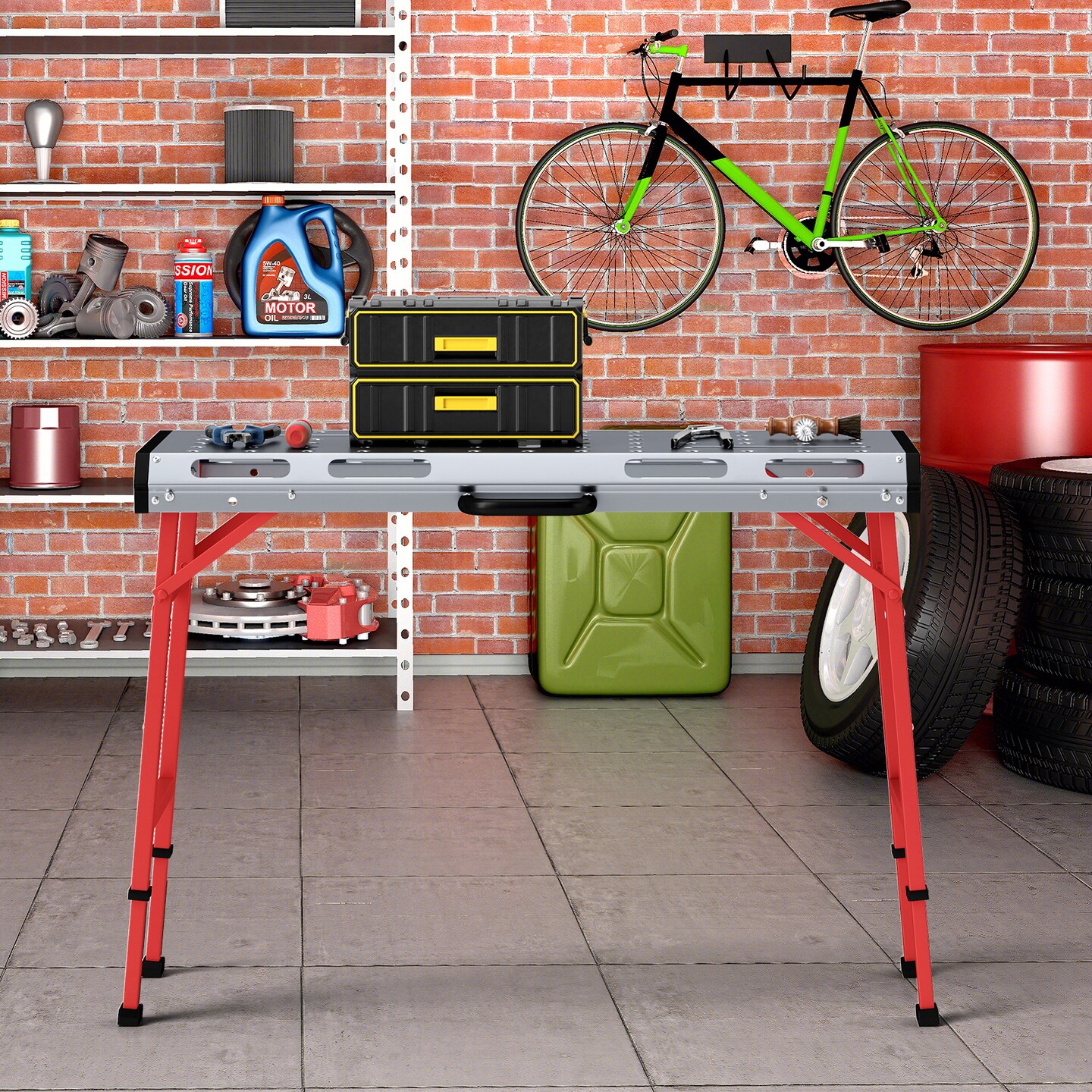 Silver Red Portable Welding Table with Galvanized Metal Top 1000 lbs