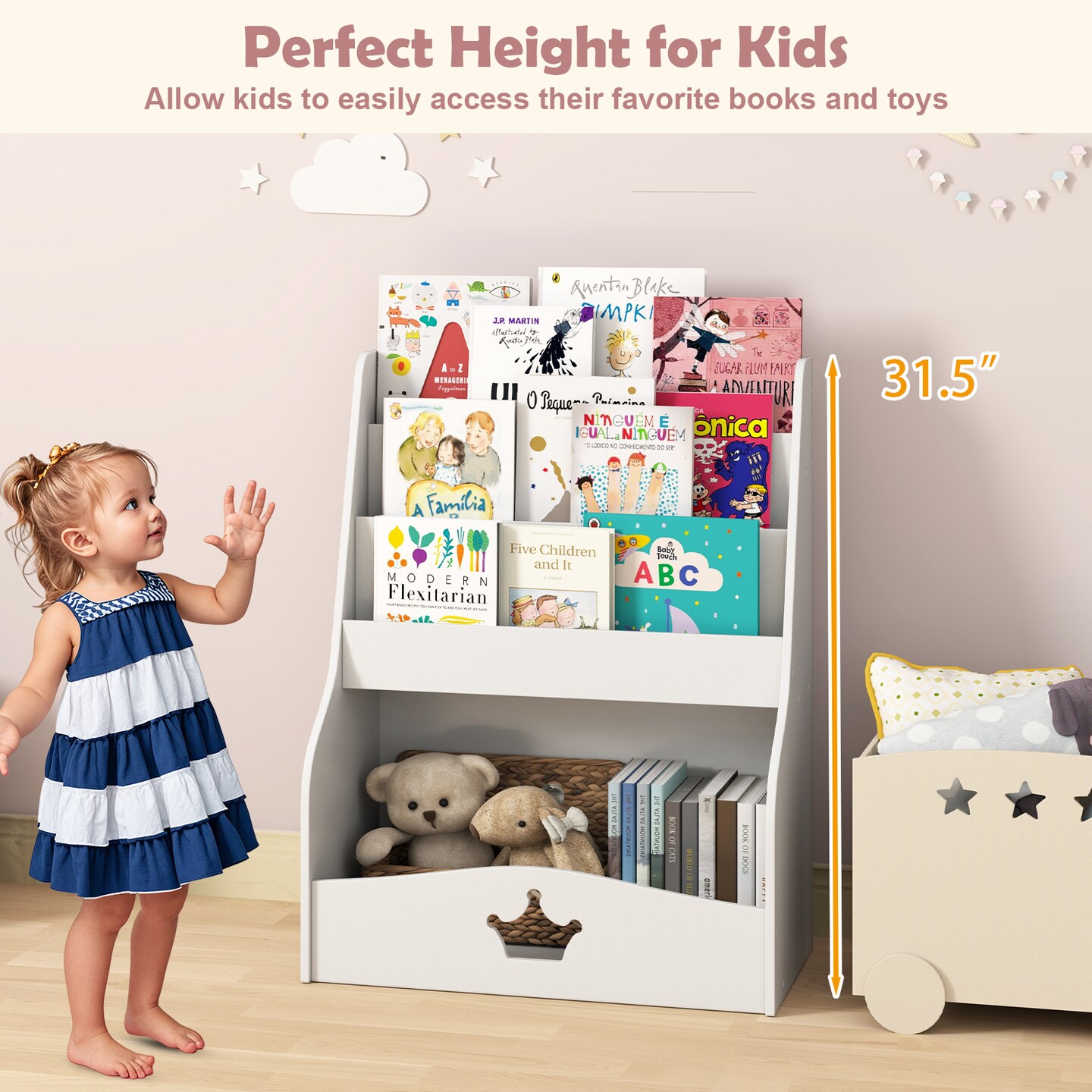 White MDF Kids Bookshelf with 4-Tier Storage, Hidden Compartment and Safety Features
