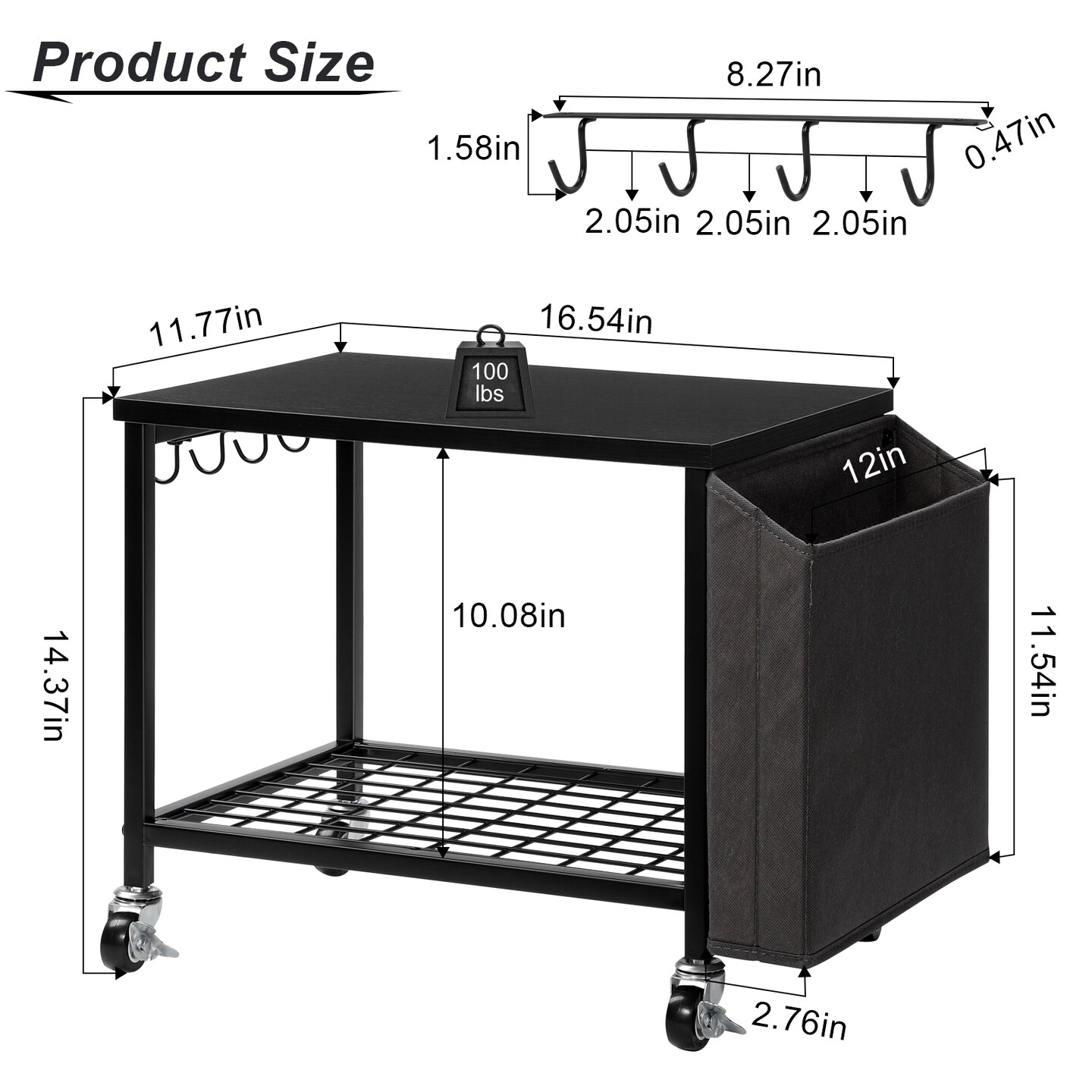 2-Tier Heavy-Duty Printer Stand with Storage Bag &#x26; Wheels &#x2013; Under Desk/Desktop Organizer for Fax, Scanner, Books (100LB Capacity, Steel &#x26; Wood)