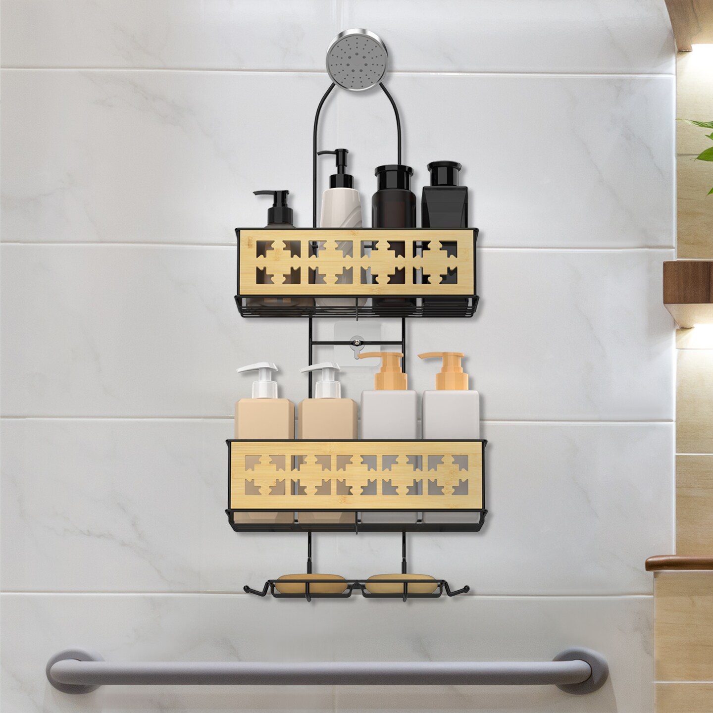 3-Tier Hanging Shower Caddy Over Shower Head – Rustproof Bathroom Organizer with Soap Holder, Bamboo Board & Hooks, No-Drill Installation (28.7"H, 40 lb Capacity)