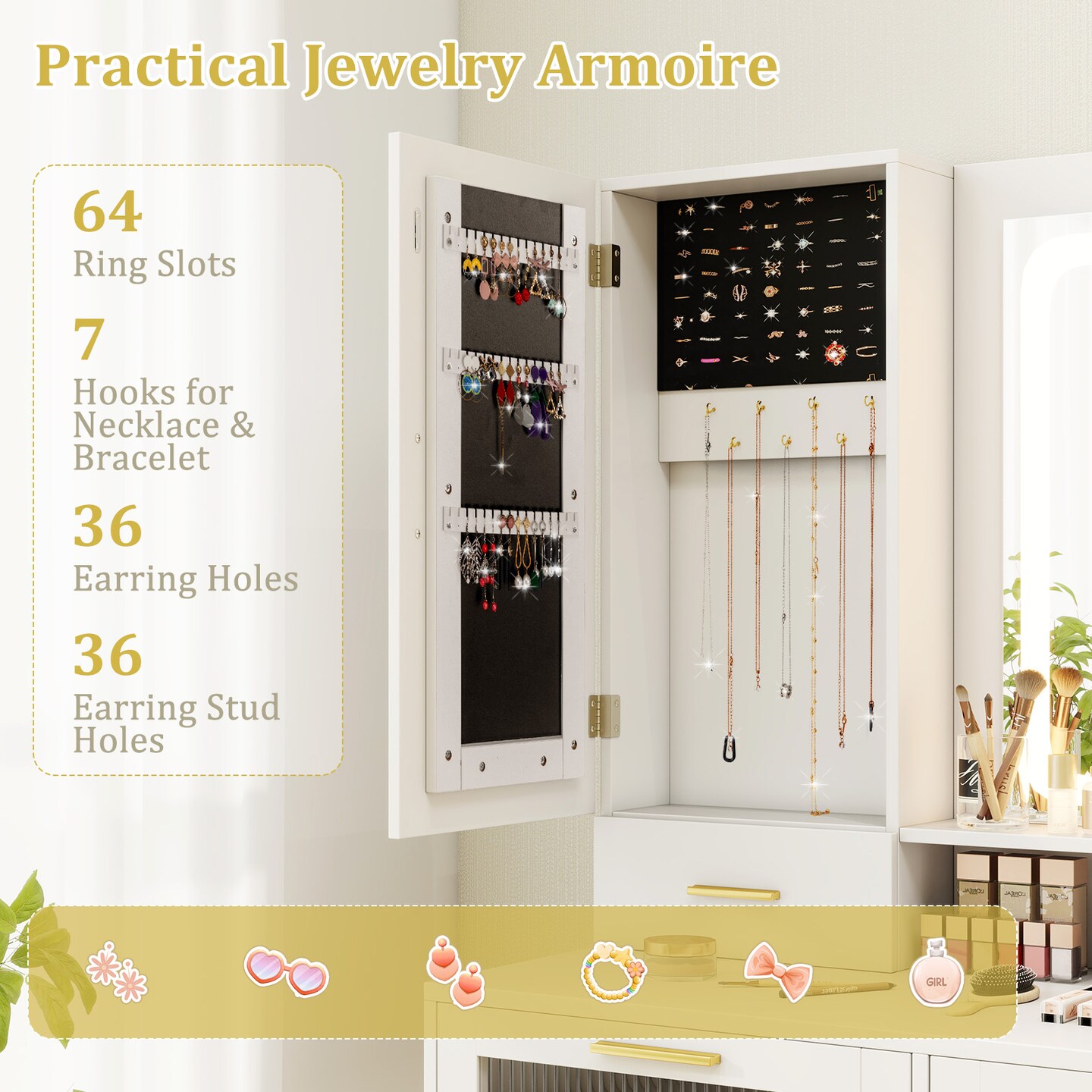 White & Gold Vanity Set with LED Mirror, Charging & Jewelry Cabinet