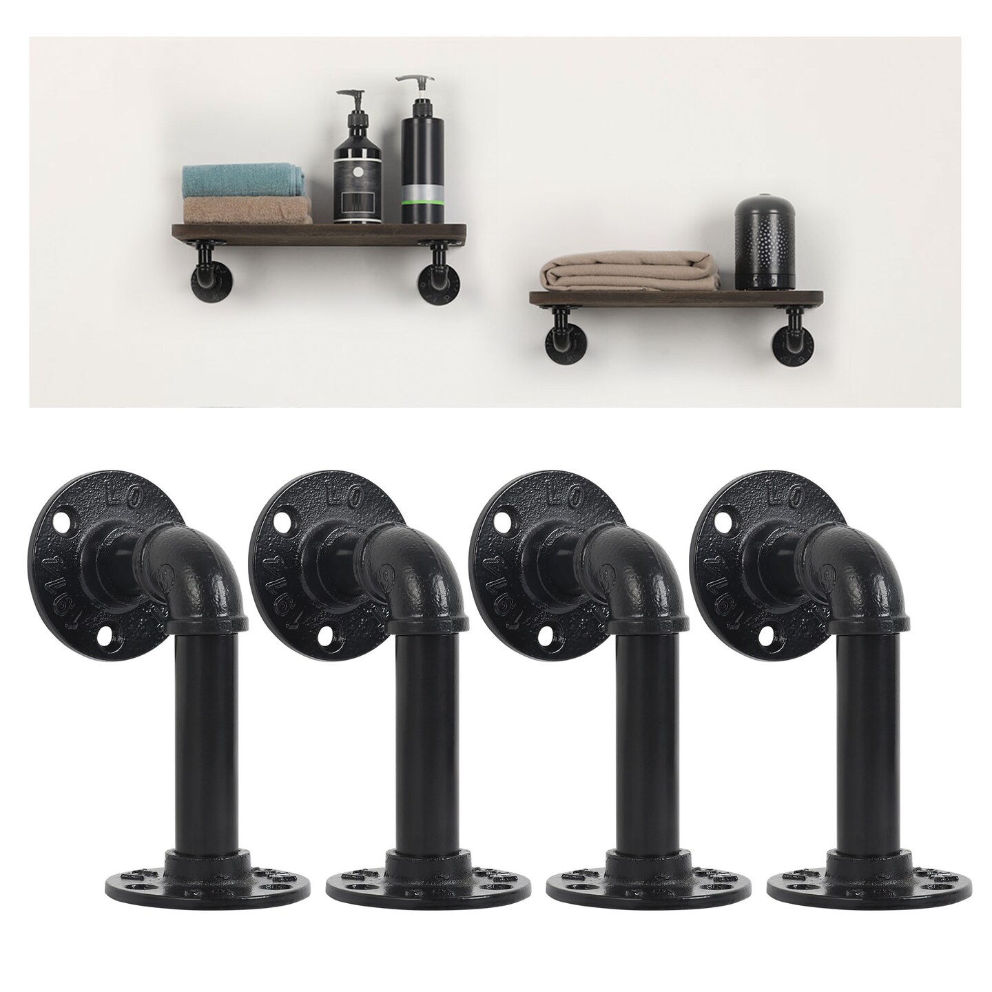 Set of 4 Industrial Pipe Shelf Brackets &#x2013; Heavy Duty Wall-Mounted Floating Shelves for Kitchen, Bathroom, Office &#x2013; Rustic DIY Storage (Black Steel, 5.9&#x22; Arm)