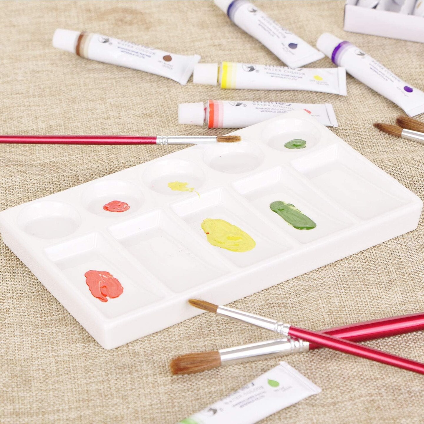 10 Wells White Rectangle Ceramic Artist Paint Palette, Porcelain Watercolor Palette, Ceramic Mixing Tray for Watercolor Gouache Painting, 7.6 inch