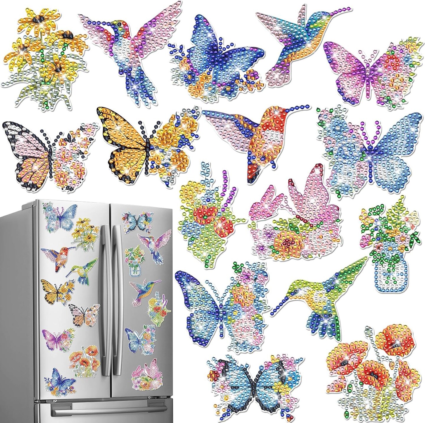 Diamond Painting Art Refrigerator Magnets - 16 PCS DIY Butterfly Hummingbird Flower Fridge Magnet Set Floral Crystal Art Craft for Women Adults Beginners Home Decors