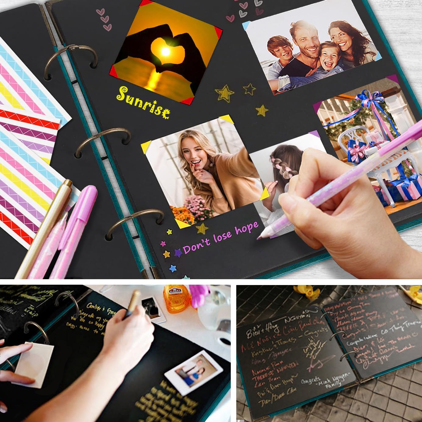 Photo Album DIY Scrapbook - 12x12 inch 50 Pages Vintage Leather Cover Three-Ring Binder Love Picture Booth Albums with 408pcs Self Adhesive Photos Corners for Memory Keep, Heart (Jasper Green)