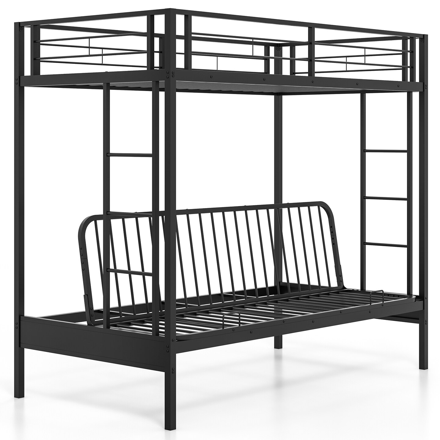 Black Metal Twin Over Futon Bunk Bed with 2 Ladders, Guardrails and Under-Bed Storage