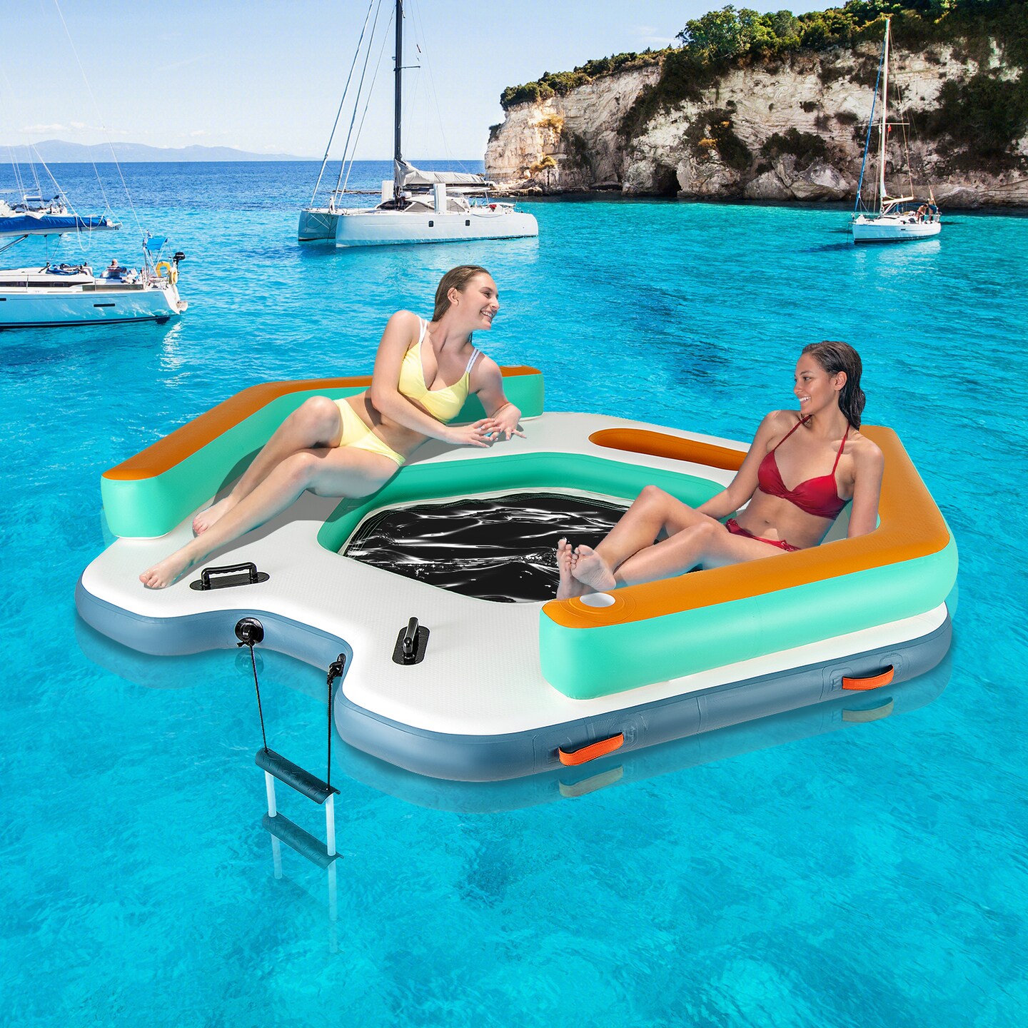 Multi-Color Inflatable Floating Dock with Detachable Ladder and Lounge Mesh