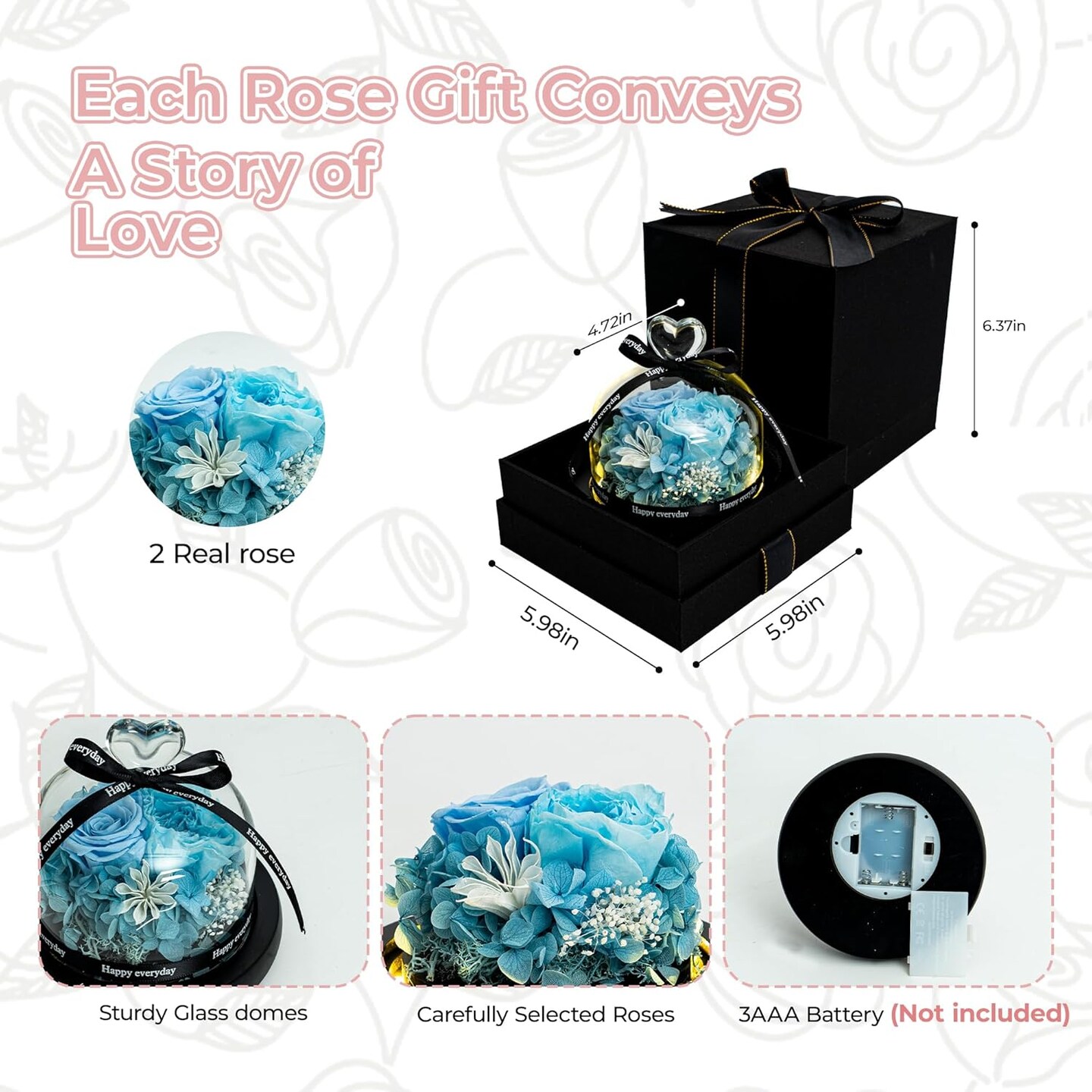 Eternal Rose in Rotating LED Glass Dome - Real Preserved Roses with 6 LED Lights, Battery Operated Valentine&#x27;s for Women - Home D&#xE9;cor &#x26; Anniversary Present&#xFF08;Blue&#xFF09;