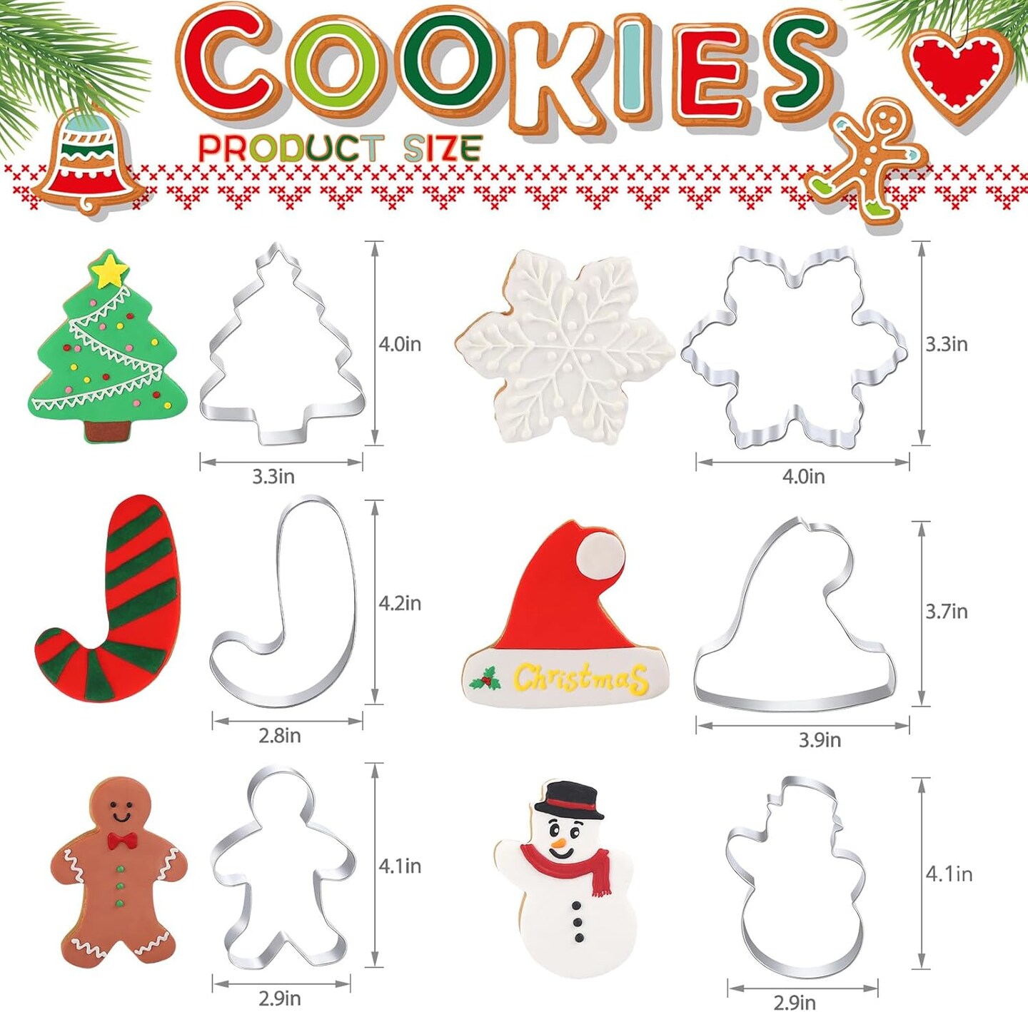 Large Christmas Cookie Cutters - 6 Pcs 4 Inch Holiday Cookie Cutter - Christmas Tree, Santa Hat, Snowflake, Gingerbread Men, Snowman and Candy Cane Shapes Cookie Molds for Winter Holiday DIY Baking