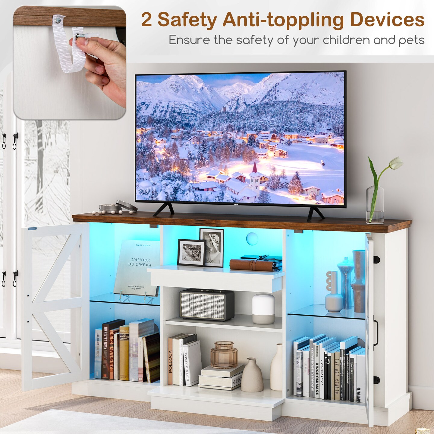 White Tempered Glass TV Stand with LED Lights, Adjustable Shelves and Console Table Storage