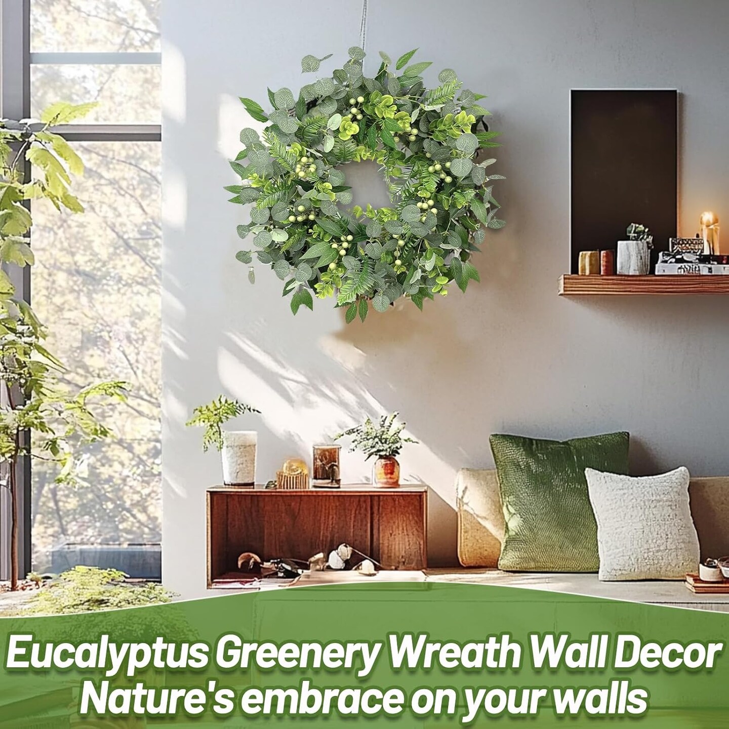 Eucalyptus Wreath with Berry 20" Green Spring Wreaths for Front Door Artificial Greenery Boxwood Fern Indoor Outdoor Decoration