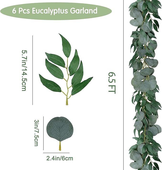 6 Pack 6.5 Feet Artificial Eucalyptus Garland with Willow Leaves Faux Greenery Garland for Wedding Fireplace Party Home Table Runner Arch Decor