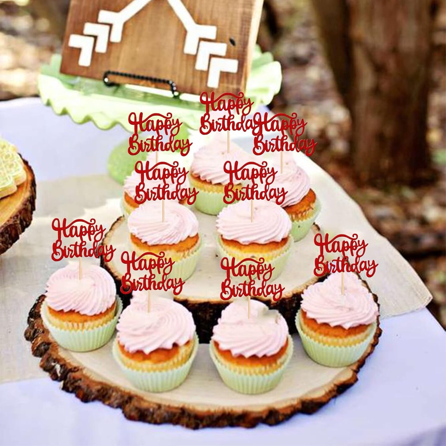 36PCS Happy Birthday Cupcake Toppers – Red Glitter Picks, 2.6"x3.9" for Party Cakes