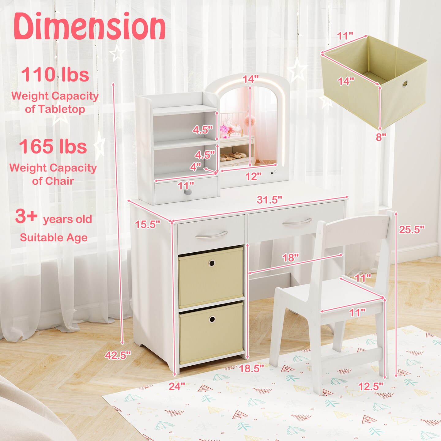 White MDF Kids Vanity Set with LED Mirror, Storage Drawers and Child-Safe Features