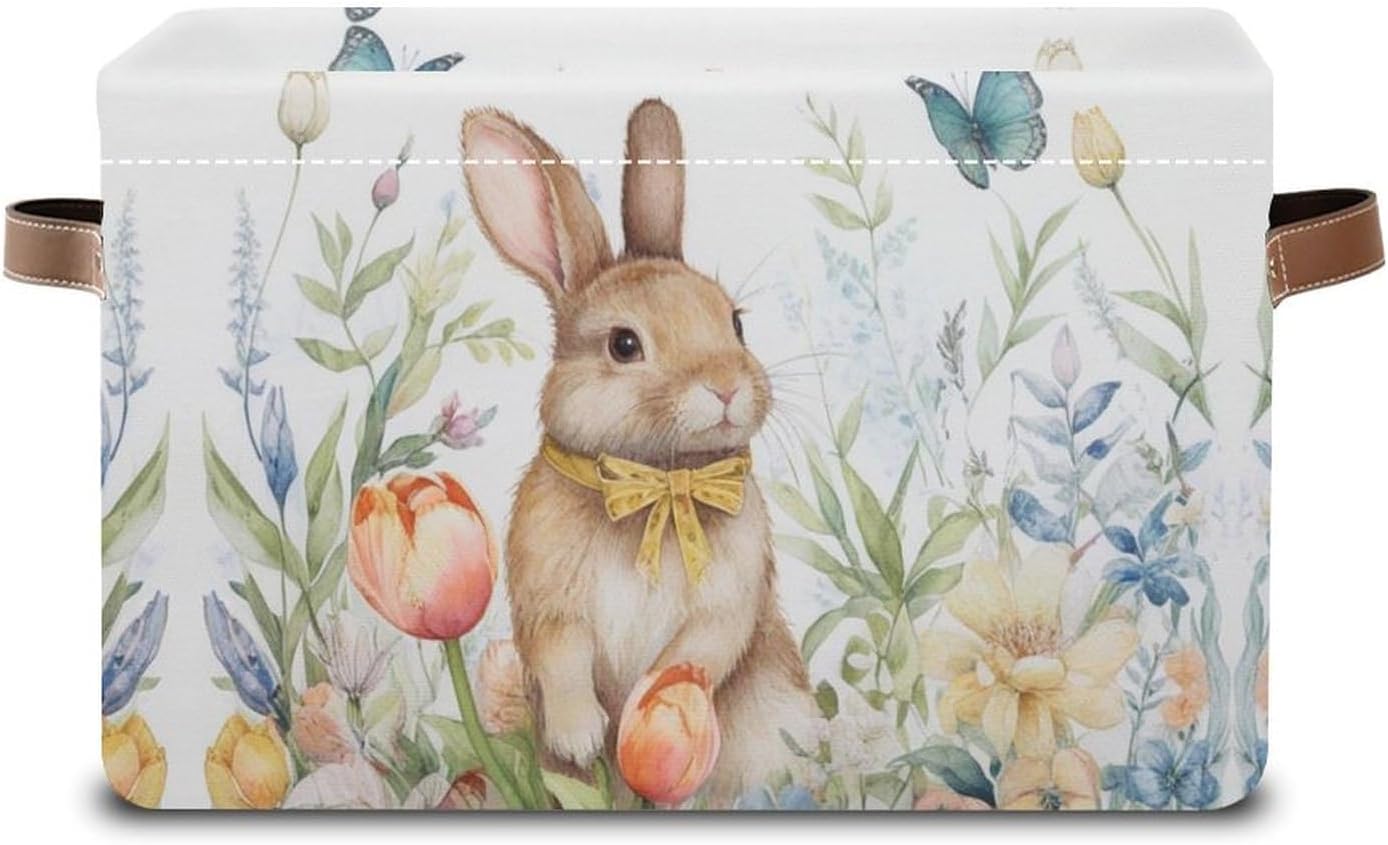 Easter Foldable Storage Baskets,Grass Rabbit Storage Bins with Handles, Decorative Cloth Organizer Storage Boxes for Home Office