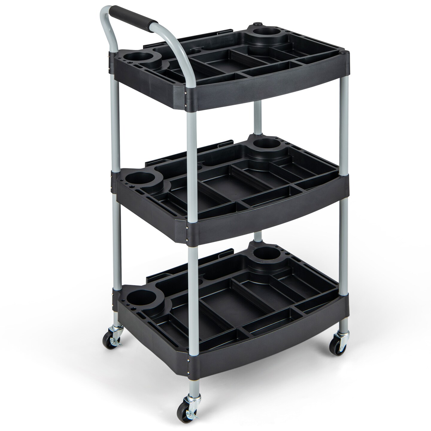 Black 3 Layer Detailing Tool Rolling Utility Cart with Multiple Divider and Bottle Holder