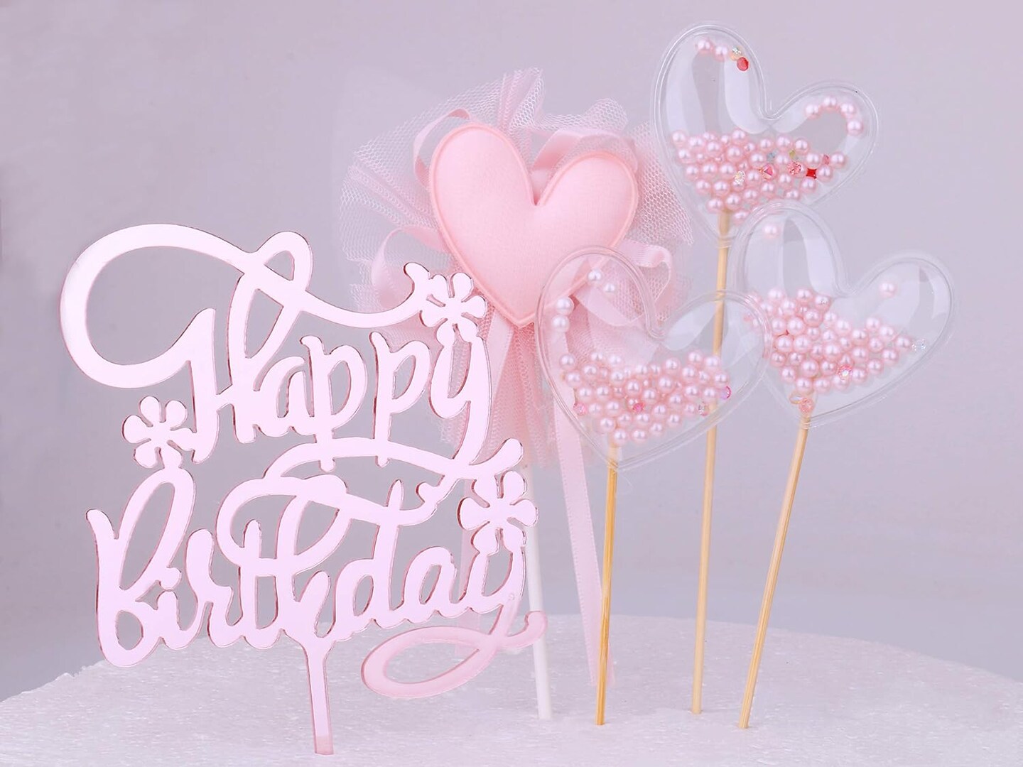 Rose Gold Happy Birthday Cake Topper Set 5PCS Heart Pink Pearls Cupcake Toppers for Girls Women Princess Party Decorations Supplies