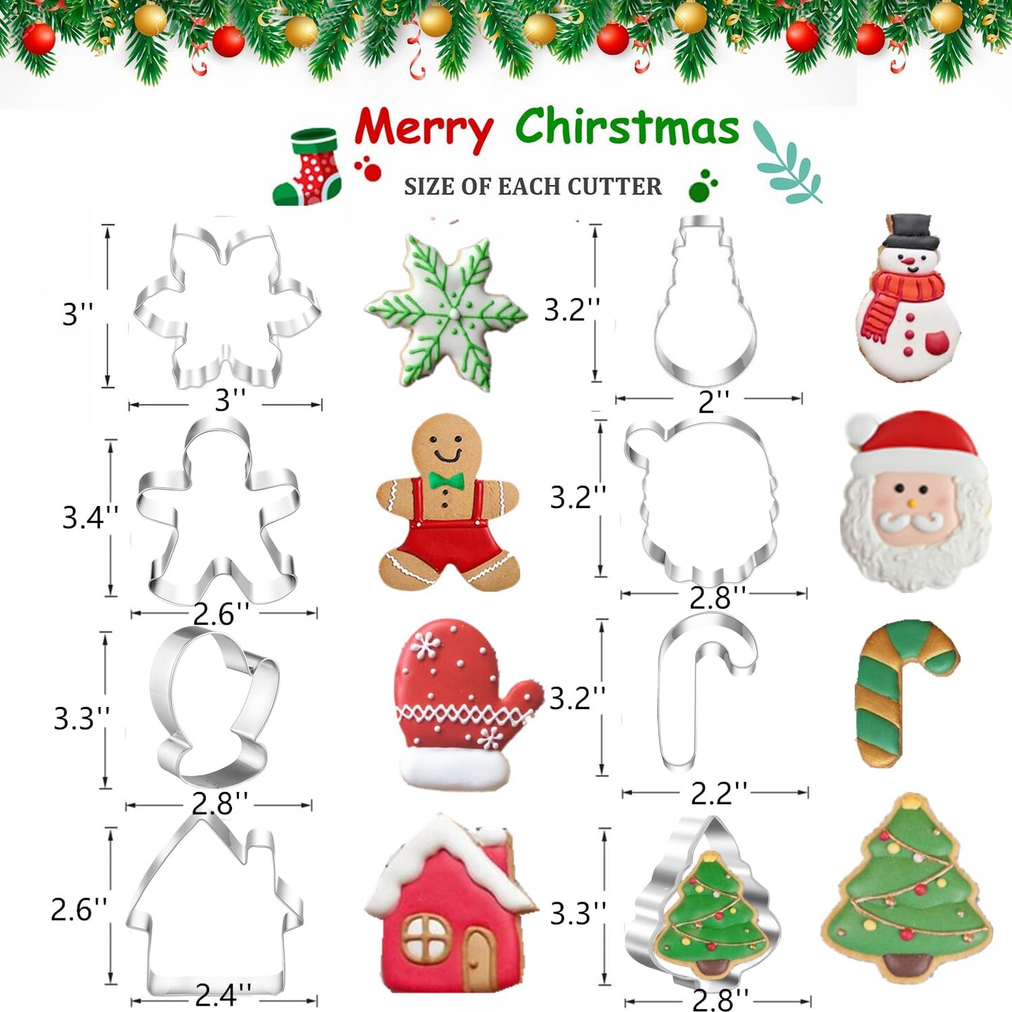 Christmas Cookie Cutters, 8PCS Holiday Cookie Cutter Shapes - Snowman,Christmas Tree,Gingerbread Man,Candy Cane,Snowflake,Santa Face,Christmas House, Winter Glove Cookies Mold