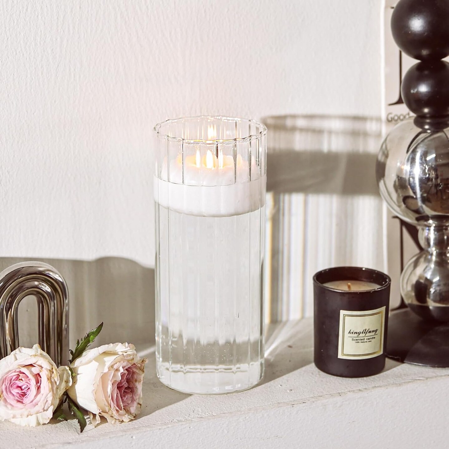 Glass Cylinder Vases, Bud Vase for Centerpieces, 8 Inch Tall Ribbed Vase Hurricane Floating Candle Holder, Decorative Flower Vases for Wedding Reception, Home Decor, Housewarming Gift (Clear)