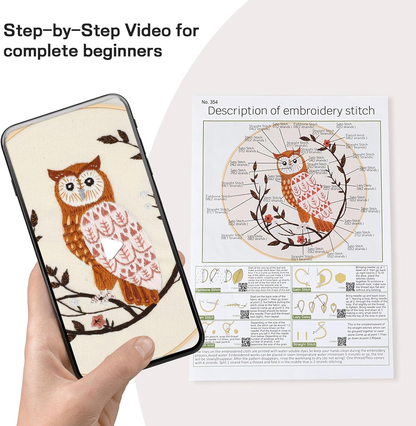 Owl Embroidery Kit for Adults – Beginner Cross Stitch with Hoop, Threads & Video Tutorial