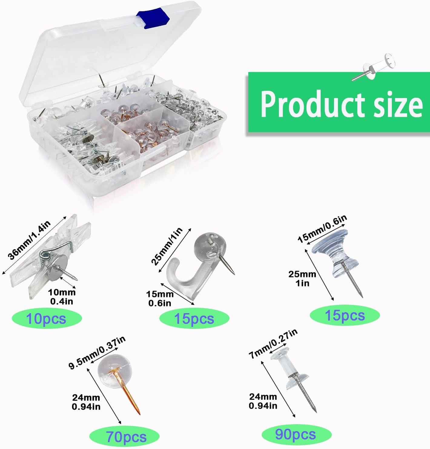 Clear Push Pins Set&#xFF0C;200PCs Push Pins Clips Transparent Thumb Tacks Push Pins Hooks Decorative for Cork Board Wall Map Bulletin Boards(5 Styles,Clear)&#x2026;