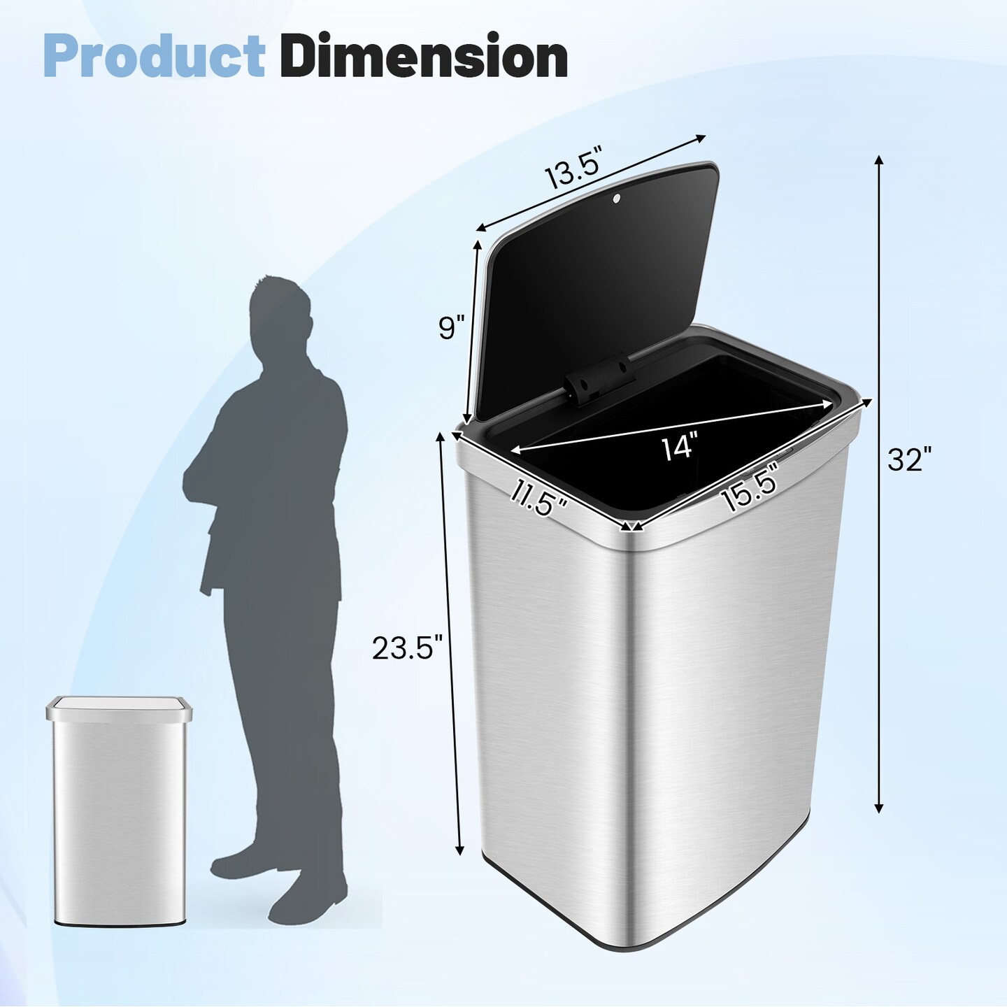 13-Gallon Stainless Steel Motion Sensor Trash Can with Lid &#x2013; Silver