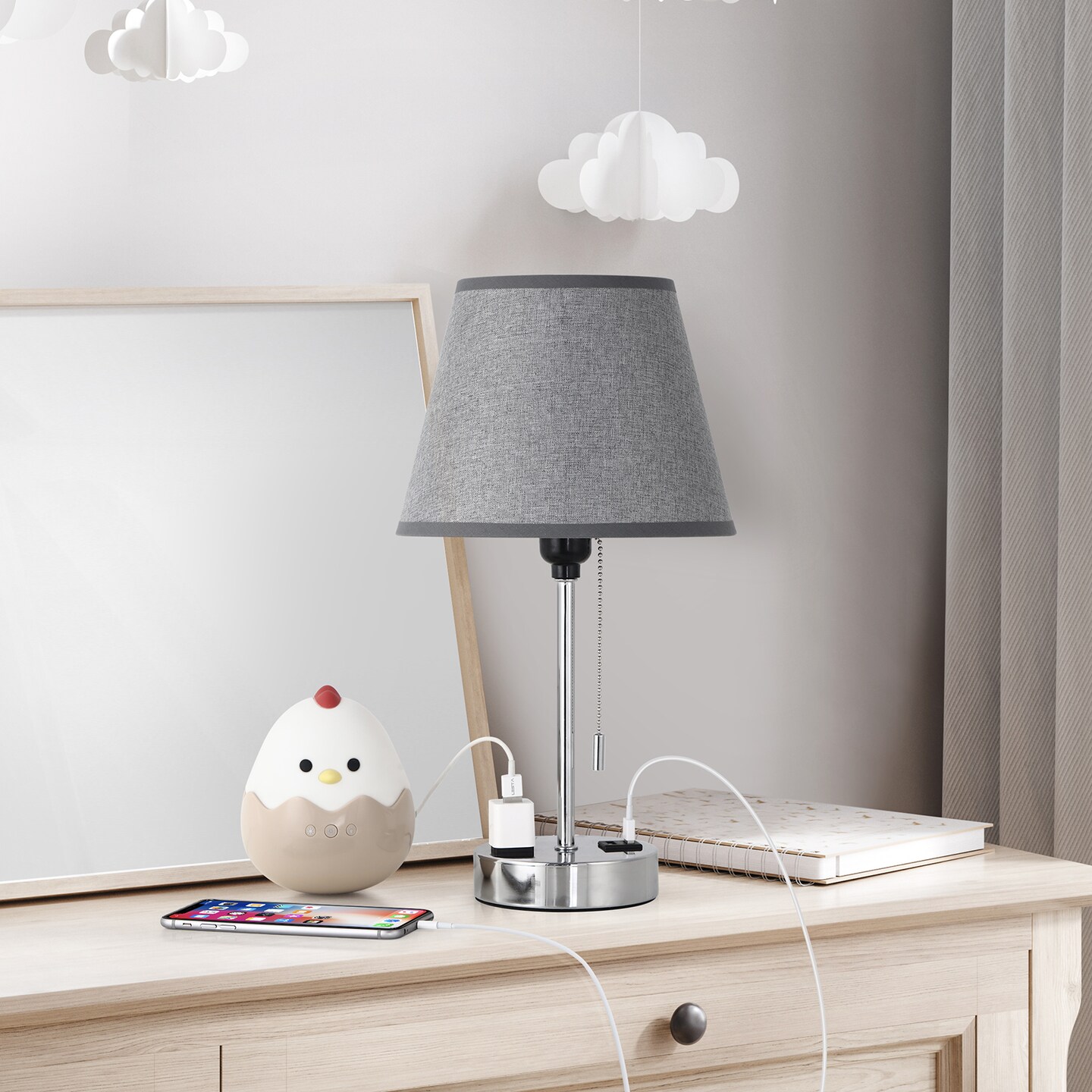 Set of 2 Grey Shade Silver Base Bedside Lamps – Modern Nightstand Table Lamps for Bedroom, Office, or Dorm