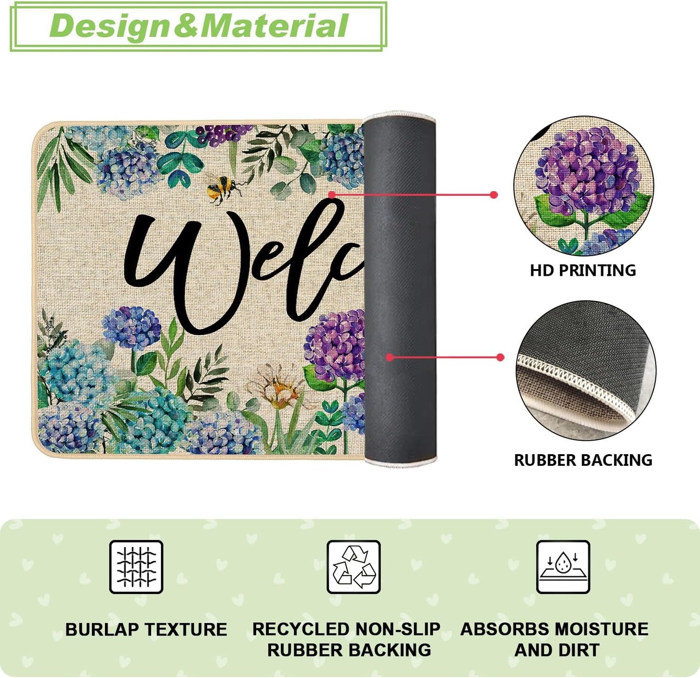 Spring Summer Hydrangea Doormat Outdoor Rug Purple Blue Flower Floral Front Welcome Decorative Door Mat Anti-Slip Rubber for Seasonal Kitchen Entrance Indoor Floor Decoration 17 x 29 Inch