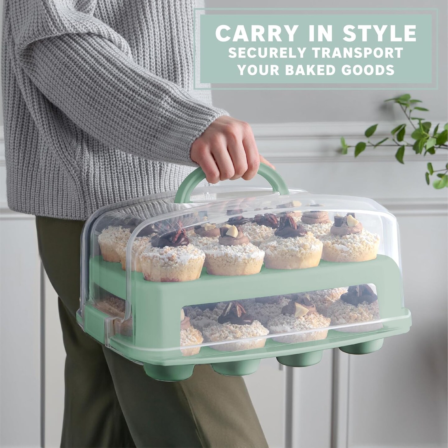 Cupcake Carrier 24 Count - Sturdy Cupcake Holder with Lid & 2 Handles, Stylish Two-Tier Cupcake Carrier/Stand, Spacious 3.5” Top & Bottom Tray