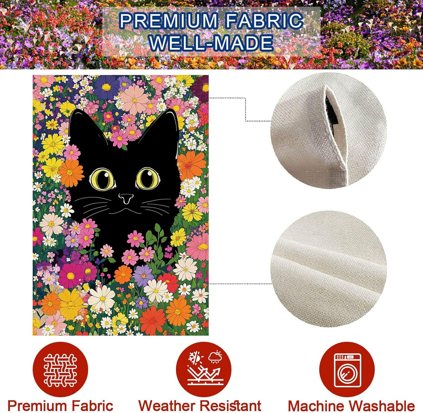 Spring Summer Funny Cat Garden Flag Double Sided 12.5 x 18 Inch Funny Black Cat Flower Floral Welcome Small Yard Flag Burlap Seasonal Yard Outdoor Outside Decoration