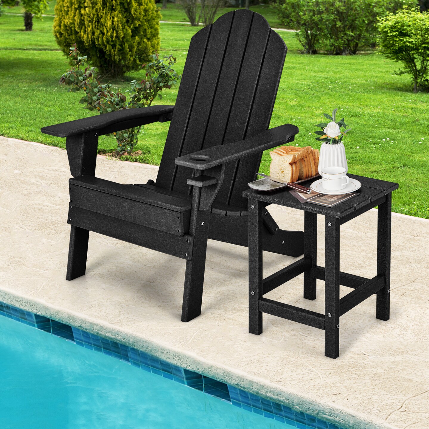 Set of 2 Small Square Patio Side Table in Black All-Weather HDPE Table for Garden or Backyard Use
