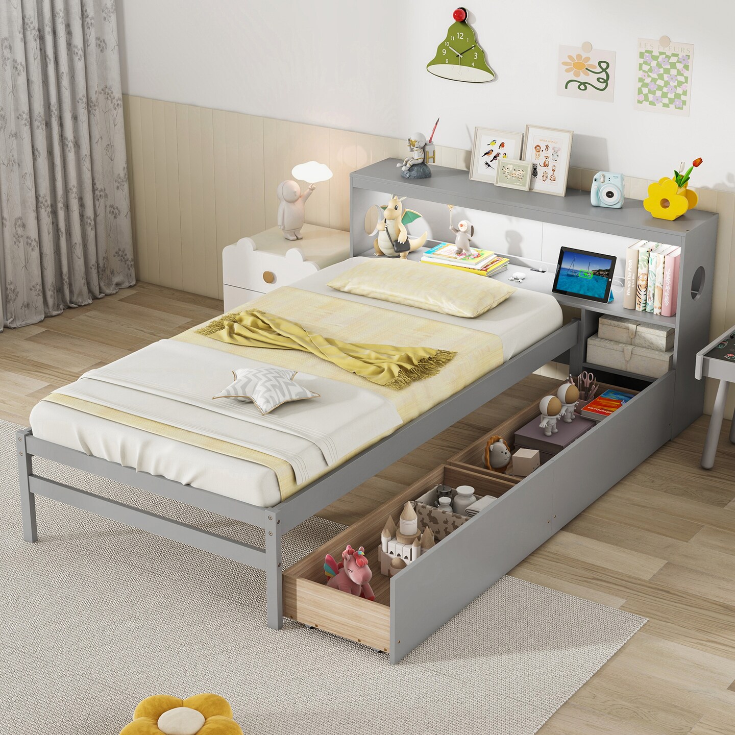 Solid Wood Bed with Storage Headboard, LED Light, USB Ports and Drawers