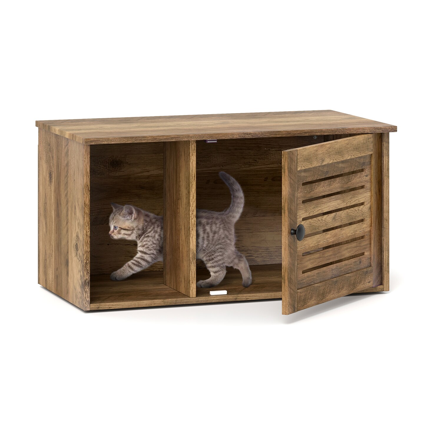 Oak Wooden Cat Litter Box Enclosure with Open Compartment and Louvered Shutter Door