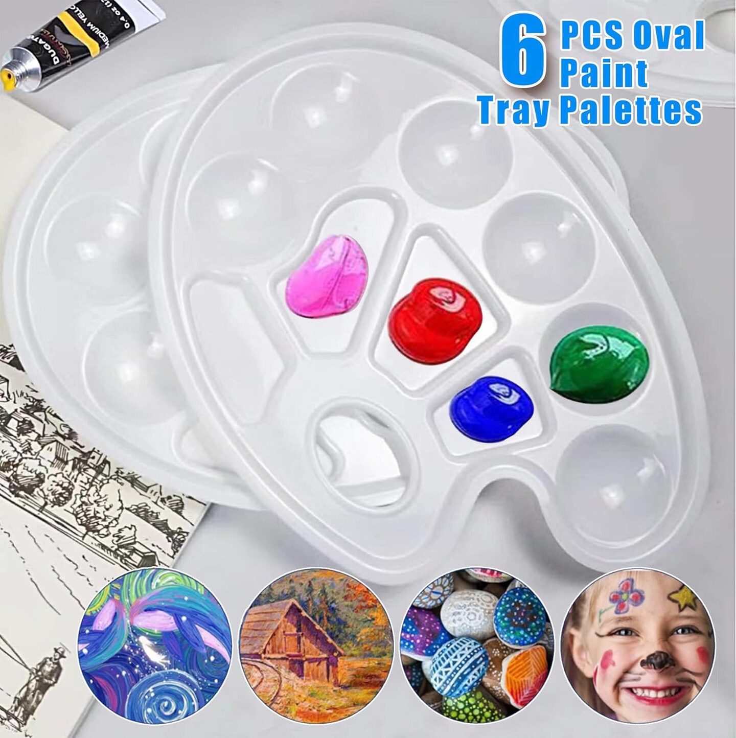 6PCS Oval Paint Tray Palettes with Thumb Hole,Plastic Paint Pallets