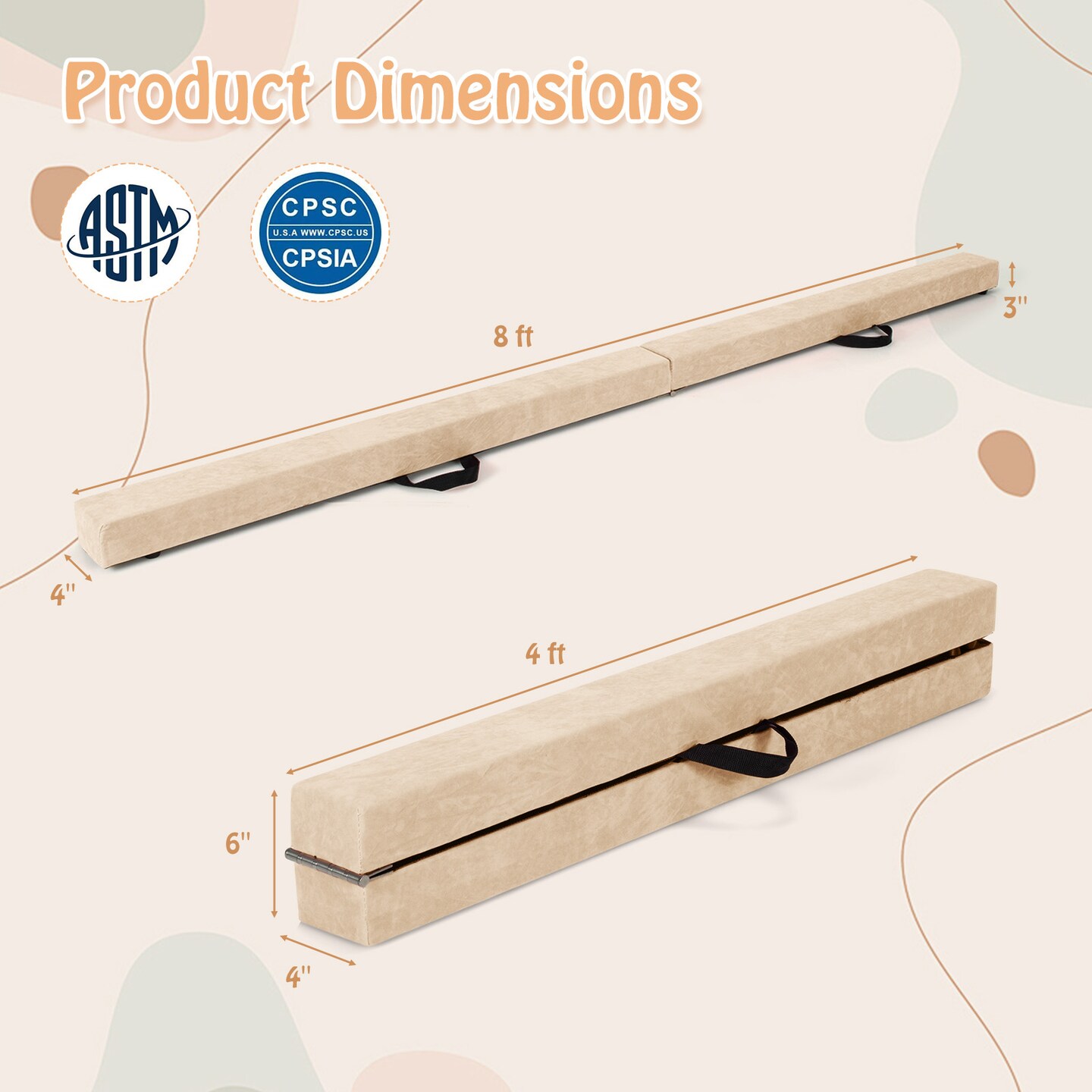 8 Feet Portable Folding Gymnastic Balance Beam with Solid Wood Base Ideal for Walkover or Cartwheel