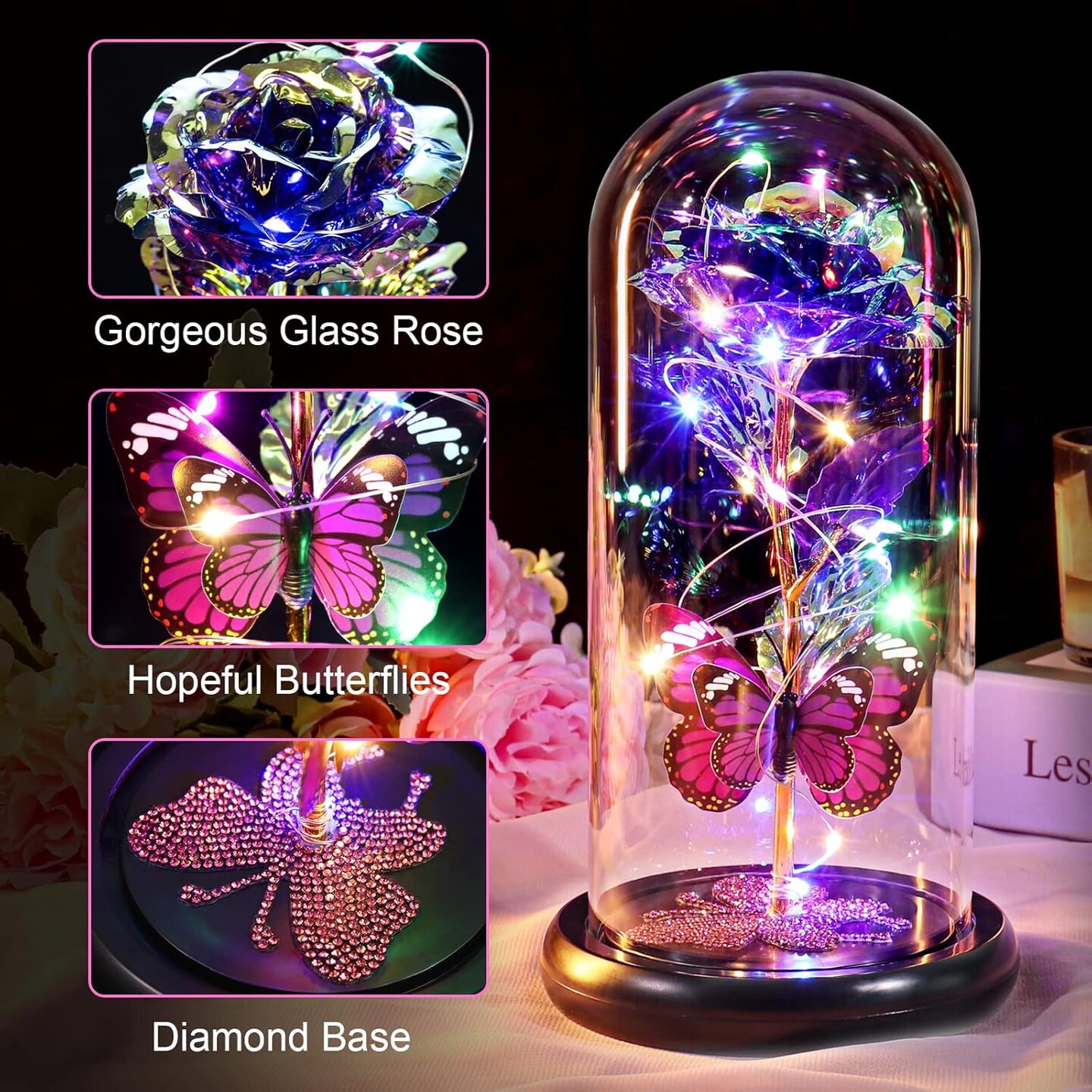 Mothers Day Flower Mom Gifts from Daughter Purple Rose Eternal Flower Light Up Rose in Glass Dome with Butterfly Birthday Gifts for Women Thanksgiving Anniversary Grandma Girlfriend Wife Gift for Her